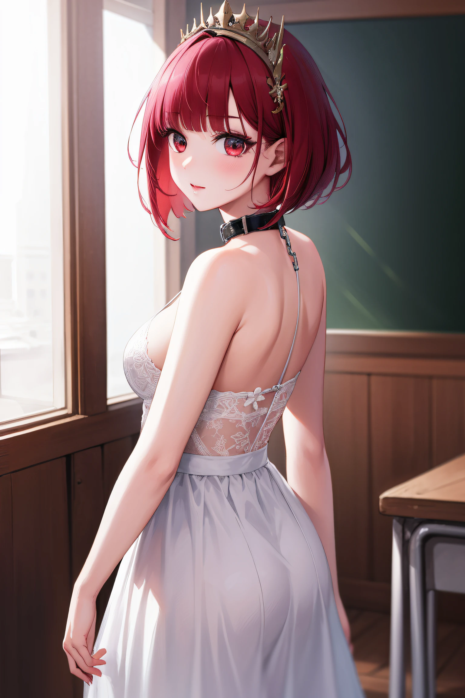 kanaarima, kana arima, bob cut, (red eyes:1.5), red hair, short hair,
BREAK white dress, armor, armored dress, chain, collar, dress, faulds, gauntlets, headpiece, metal collar, plackart,
BREAK looking at viewer,from back view、Look back with a sideways glance、
BREAK indoors, classroom,
BREAK (masterpiece:1.2), best quality, high resolution, unity 8k wallpaper, (illustration:0.8), (beautiful detailed eyes:1.6), extremely detailed face, perfect lighting, extremely detailed CG, (perfect hands, perfect anatomy),