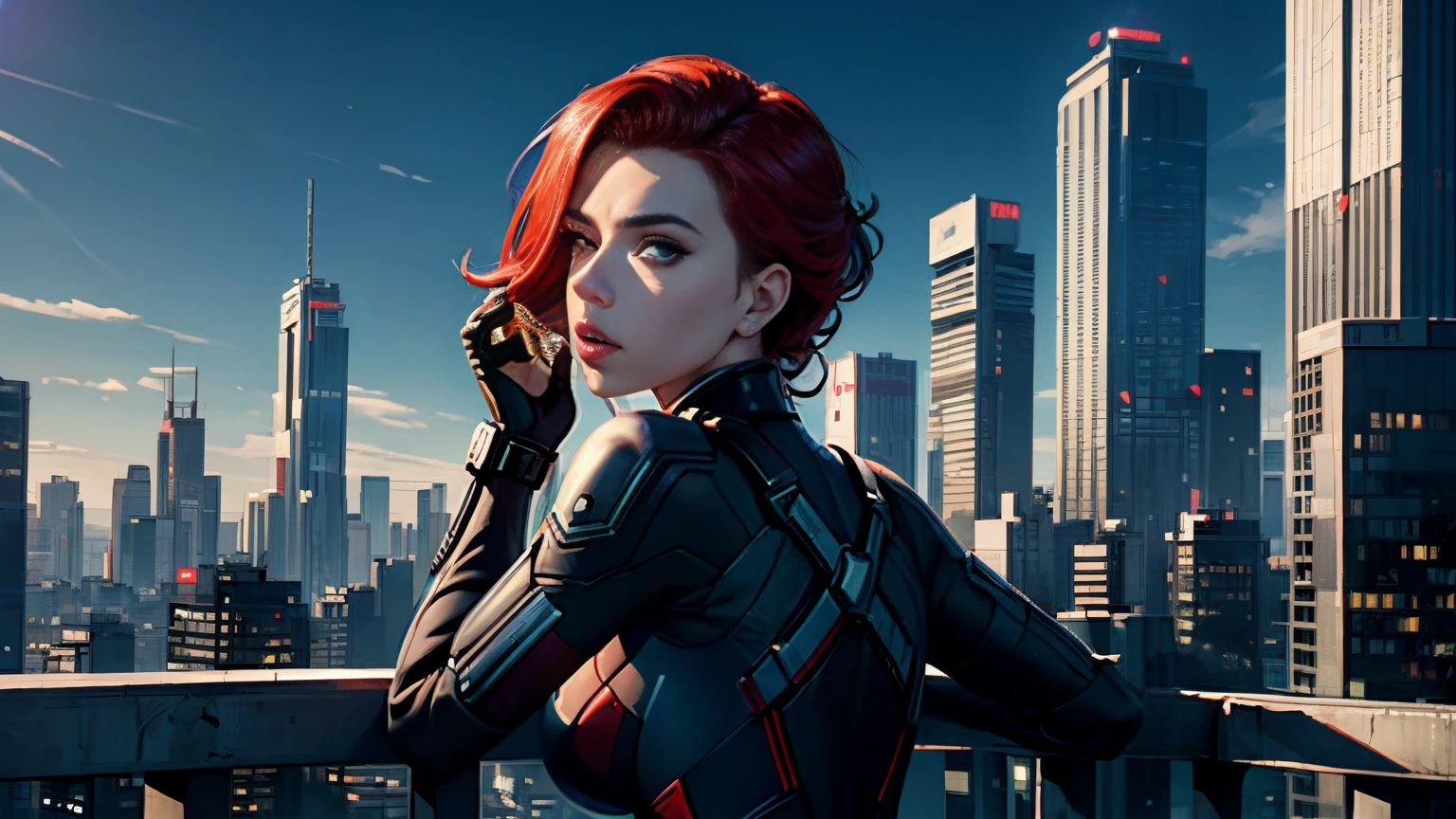 Outdoor, top of a building, background city skyline, daytime, blue sky. Cyberpunk Scarlett Johansson as Black Widow. Best quality, sunlight, backlit, flare. Happy_go_lucky, satisfied look.