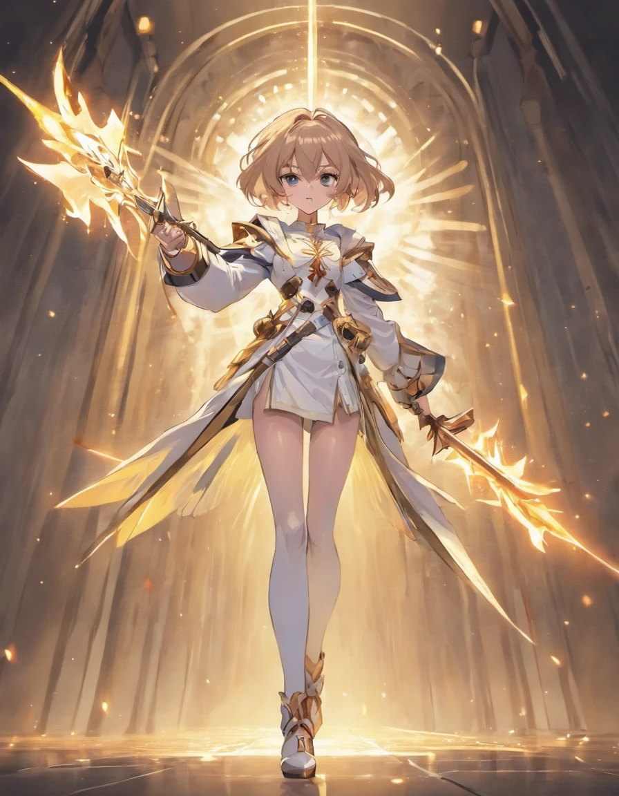 duelist , white and light brown outfit,white long coat, sword woman, rapier, long coat, full body Full body front design