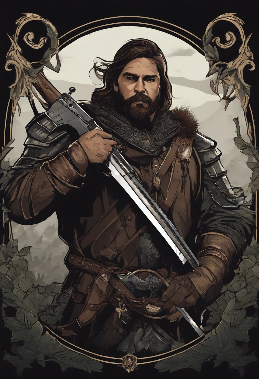 /imagine prompt: Excellent hunter illustration with sticker on black background，Take a shotgun and make a defensive stance，medieval times，The outline is bold, Jagged edges, Trash core, Light and Shadow - V 5.2