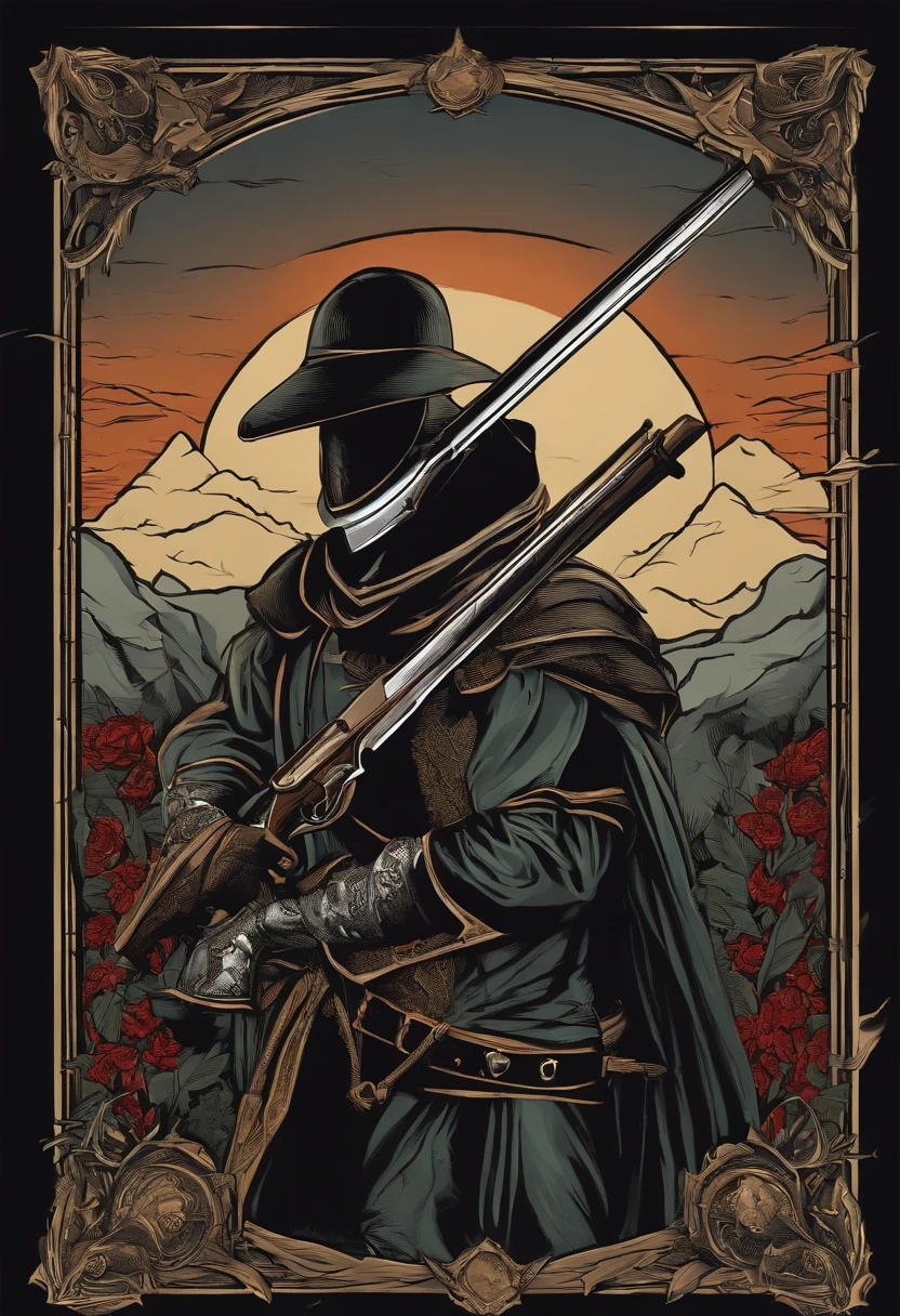 /imagine prompt: Excellent hunter illustration with sticker on black background,Take a shotgun and make a defensive stance,medieval times,The outline is bold, Jagged edges, Trash core, Light and Shadow - V 5.2