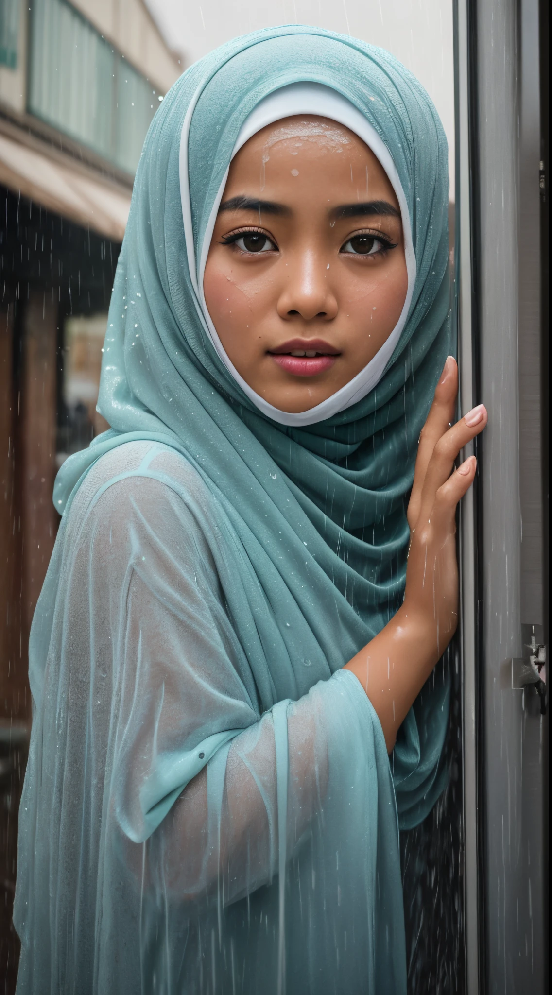 Best picture quality, masterpiece, ultra high resolution, (fidelity :1.4), photo, 1 malay girl in hijab, (mira filzah) torn hijab, [(sadness)],white shirt, Dim, dark, desperate, pitying, pitiful, cinematic,tear,teardrop,(Torn clothes:1.5), (Wet clothes:1.4), bare shoulders, Real rain, wet hair,..
