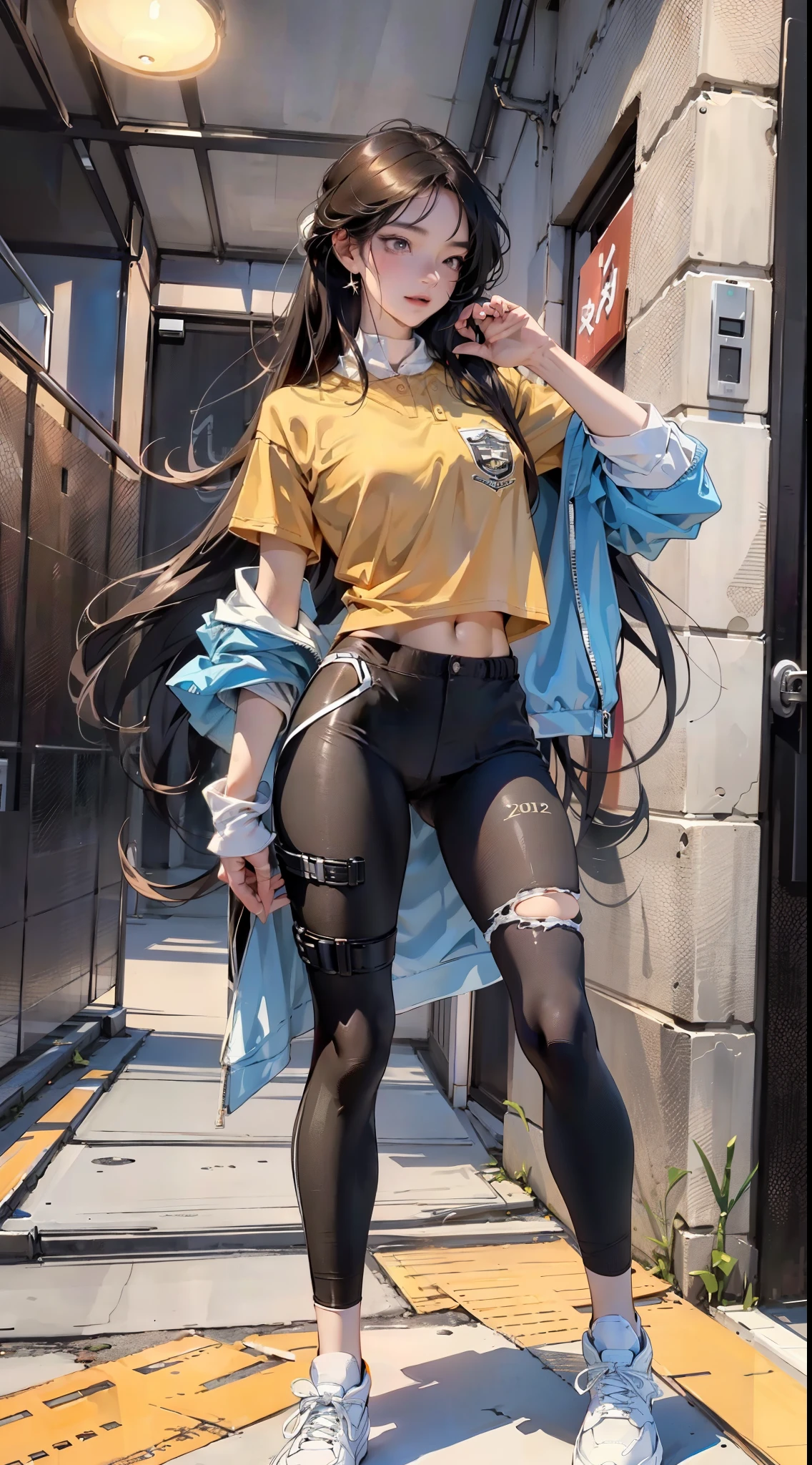 from below,ultra-wide-angle,8K,welcoming,20yr old,(Full body like:1.2),(legs long:1.5),(Slender body proportions), (Best quality at best, 4K, 8K, A high resolution, tmasterpiece:1.2), ultra - detailed, (actual, realistically, realistically:1.37), moody gestures,Moderate chest size, Happy expression, Sports student uniform with sneakers