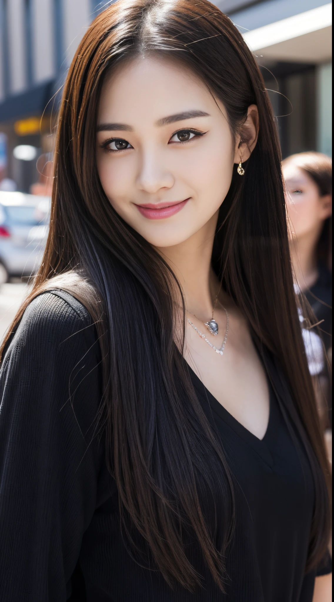 Walk the streets of the city,One lady、 Black shirt, wearing black gorgeous clothes, She wears a black shirt.Black dress, shopping, In the city, highly detailed beautiful girl, Highly detailed face, Highly detailed eyes, highly detailedskin, extremely detailed fingers, highly detailed nose, very detailed detailed mouth、Smile a little、black pendant