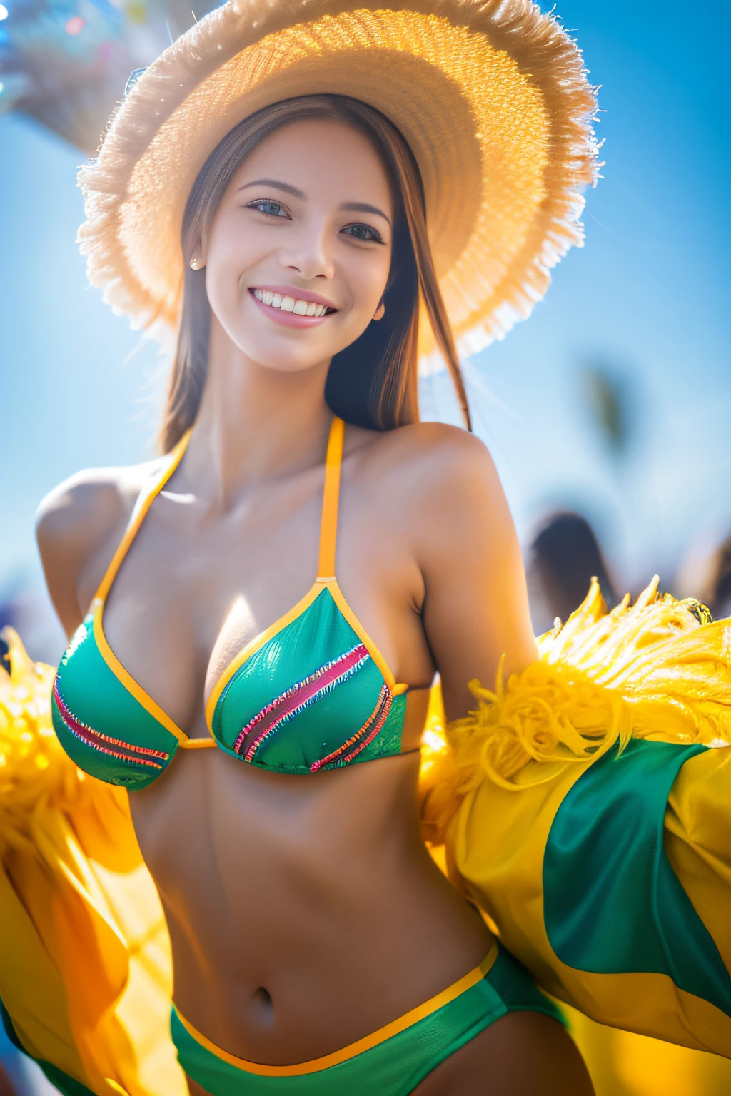 one teenage girl from brazil、Carnival in Rio、Samba dancer、 Ethereal beautiful, slim, Petite, Soft light, ((David Hamilton Style)), closeup picture, masutepiece, Best Quality, Photorealsitic, 8K, High resolution, Detailed skin, 8K UHD, Digital SLR, Soft lighting, High quality, Film grain, FUJI XT3, Full body, In the Rio de Janeiro city, standing,　((Photo from the waist up))、(wearing colorful _bra), smile, (The background is carnival venue), ((Both face and body are facing the viewer:1.4))、full bodyesbian、