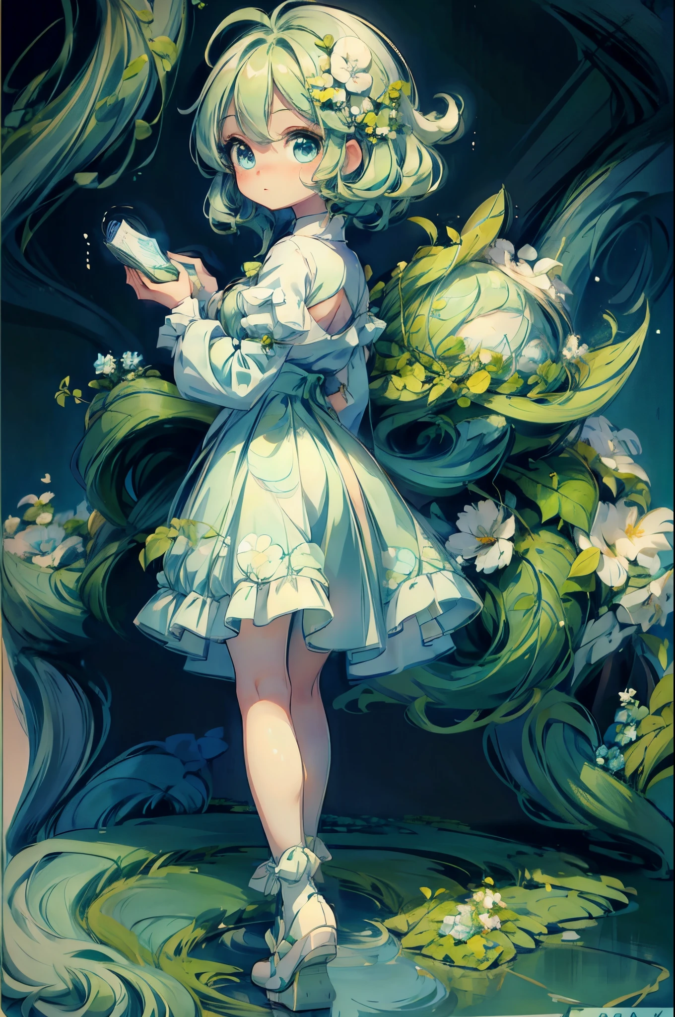 A girl with green hair（1.1），Hair is fluffy and flowy（1.1），Big blue eyes（1.1），Cute face，Beautiful and delicate floral skirt，White cute socks，Cute and cute shoes，simple backgound