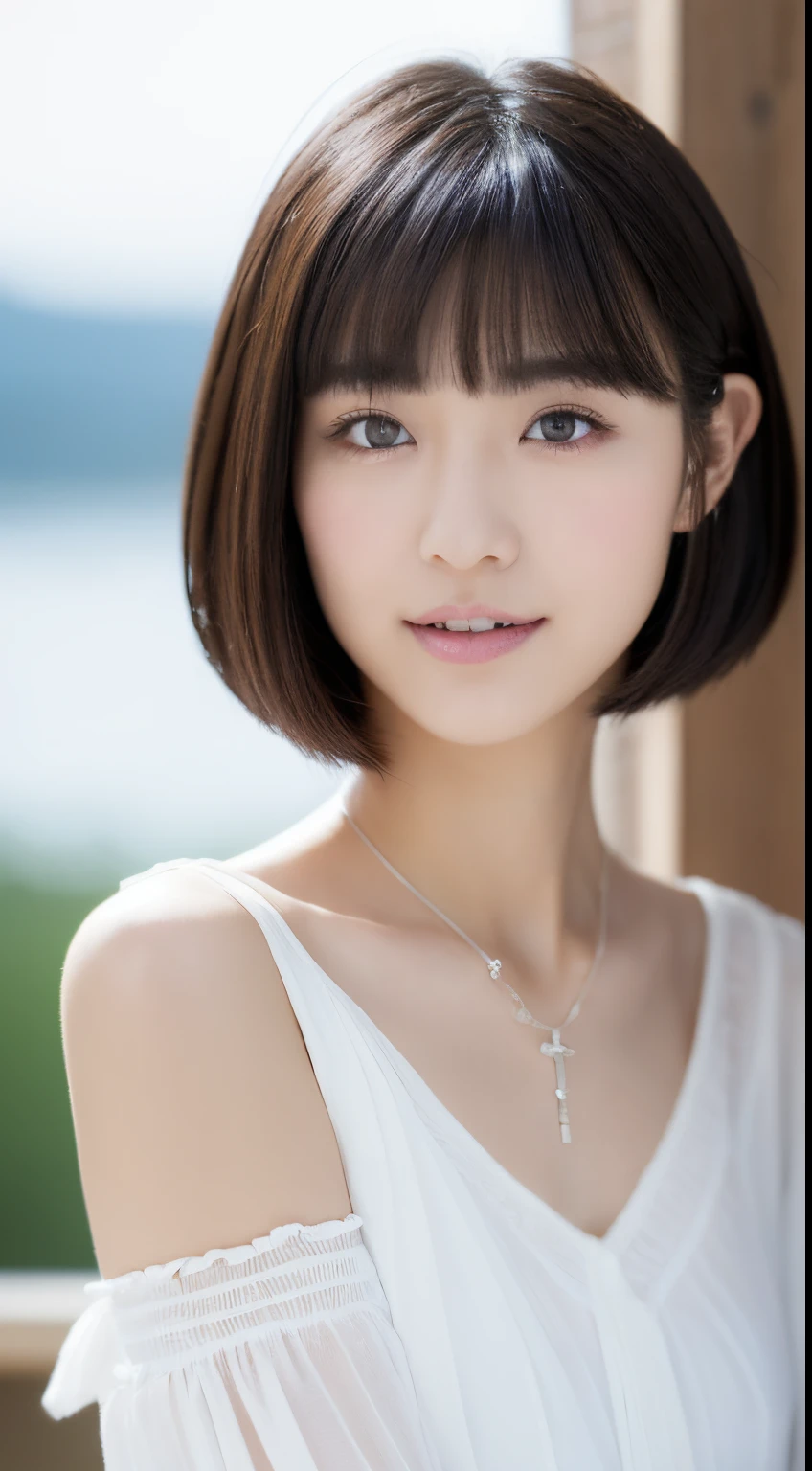 (top-quality, ​masterpiece, hight resolution), Beautiful 18 year old woman。sexy  pose、She wears a white off-the-shoulder with white ruffles that only hide her breasts。Put your shoulders out、kindly smile、Show your teeth a little。Short Bob Hair Straight、(Voluminous short bob、Trimming the bob、straight haired、Straight bangs、On-eyebrow bangs)、Bob with only one ear out、foco nítido、(电影灯光)、鎖骨、ear ornament、a necklace、Snowy landscape