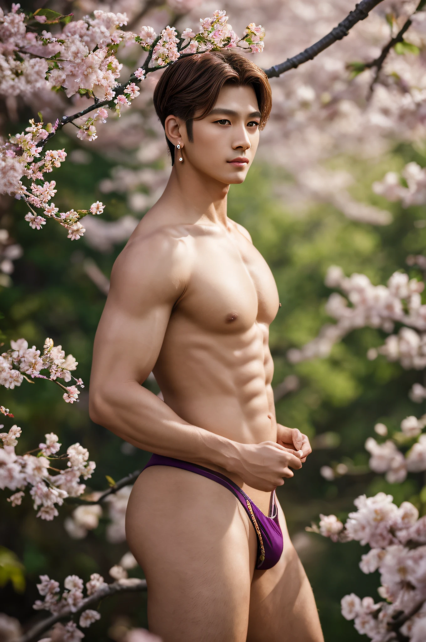 masterpiece,extremely detailed CG unity 8k wallpaper,1boy, beautiful, realistic, blurry, blurry_background, blurry_foreground, branch, brown_hair, plum blossom, depth_of_field, earrings, flower, jewelry, nose, realistic, solo,chinese clothes, only wearing a thong