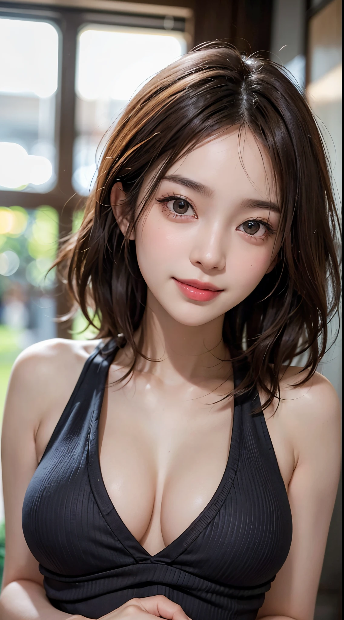 ((Beauty like a model)), Japan Girl,1 persons,​masterpiece, The highest image quality, ultra-detailliert, (perfectbody:1.2), ((Perfect face+light brown hair)), Close up of, short wavy hair,Viewer's Perspective, detailed hairs、Detailed eyes(realisticeyes),profetional lighting,middlebreasts,(Brown eyes),slenderbody,adult lady,About 28 years old,glamor,kindly smile,Half Girl,Lashes,二重まぶた,Tank Tops,Raw photo,Sexy lips,Lovely smile,she crumpled her face and smiled,Navel Fashion,abdominals,Constriction,