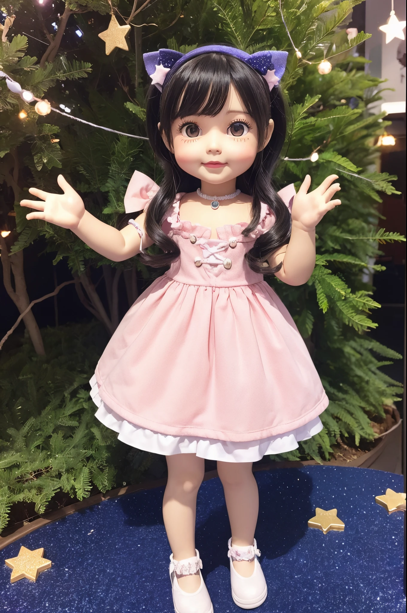 Cute chibi doll placed on a circular stand、i'I'm standing with my right hand raised and smiling.。 those eyes are full of stars、Creates a sparkling effect、 Her pastel colored outfit and cute red shoes further enhance her charm..、 Looking from the side、Reproducing the doll's features down to the finest detail..。 looks almost real、Background bokeh effect adds a dreamy touch to the scene、catch the stars