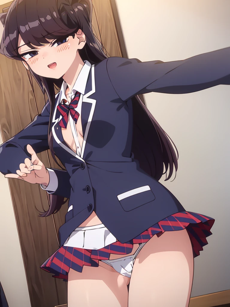 Best Quality, masterpiece, ((Solo, 1girl)), Komi shouko, fine detailed shiny eyes, medium chest, high resolution, best lighting, extremely detailed illustrations, blush, embarrassed, smile, open mouth, crotch seam, cameltoe, day, dripping wet, stained white panty, very NSFW, female masturbation, no bra, wet shirt, hot, extremely aroused, schoolgirl outfit, lifting skirt, small skirt,