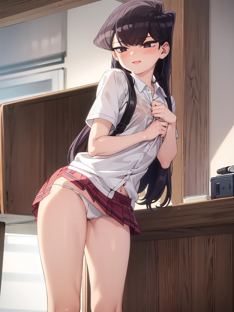 Best Quality, masterpiece, ((Solo, 1girl)), Komi shouko, fine detailed shiny eyes, medium chest, high resolution, best lighting, extremely detailed illustrations, blush, embarrassed, smile, open mouth, crotch seam, cameltoe, day, dripping wet, stained white panty, very NSFW, female masturbation, no bra, wet shirt, hot, extremely aroused, girl outfit, lifting skirt, small skirt,