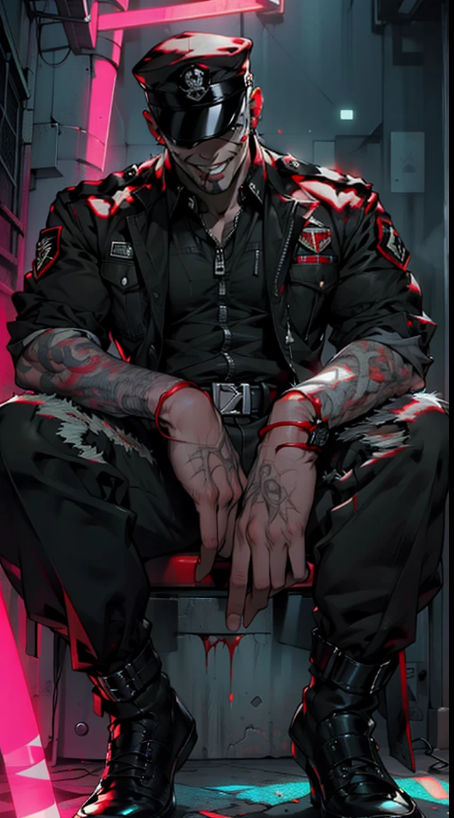 street fighter bison movie stills,(White-eyed) (Red military uniform)、(Red and black light emitted from clothes:1.7)、(Red military cap with skull emblem)、big muscle、Very large muscles、The background is simple black with a skull emblem.........、(6 feet tall)、sit in a big seat, Luxury seating、with big smiles on their faces、Splattering blood、View from below、