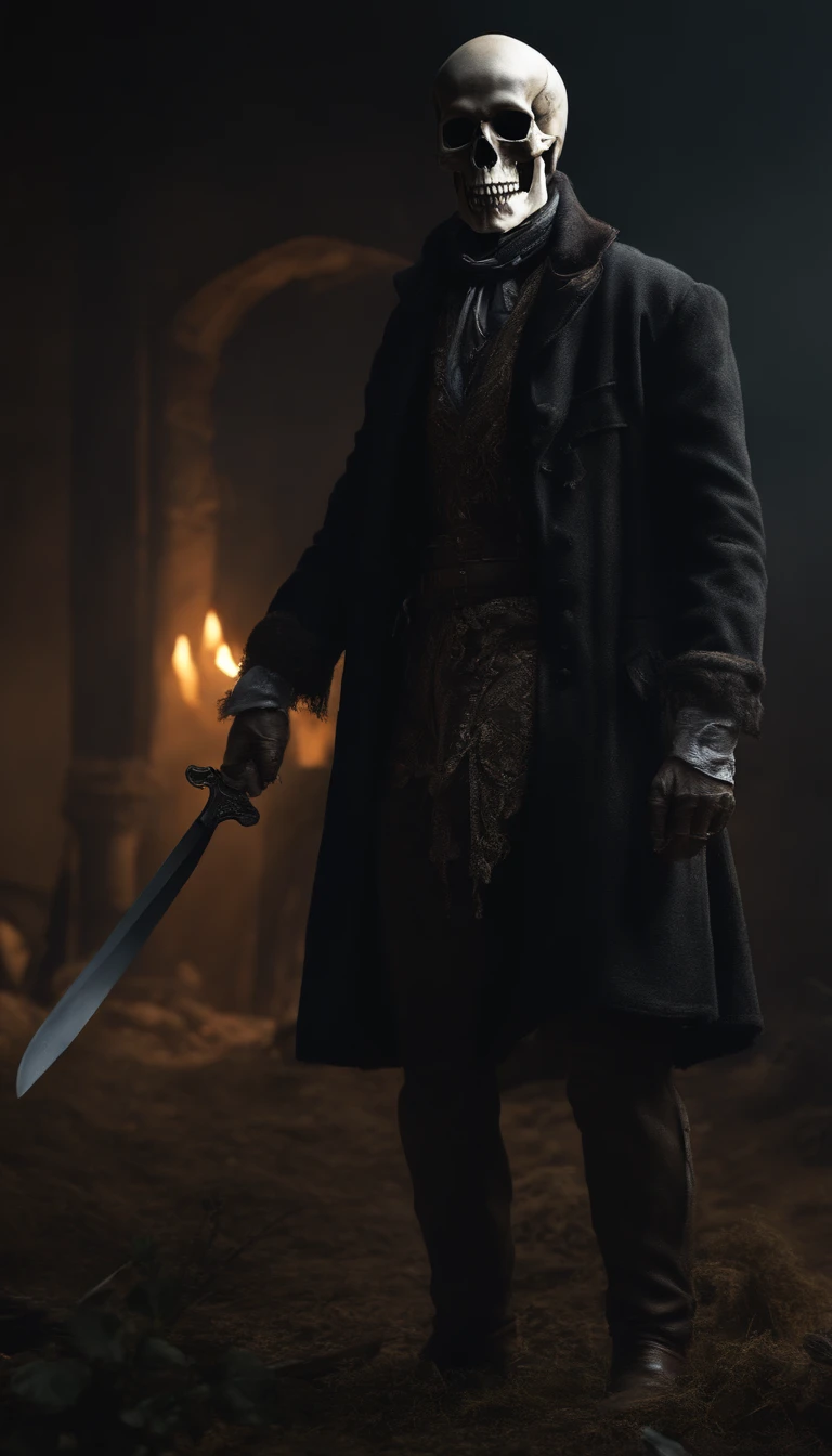 (best quality,4k,8k,highres,masterpiece:1.2),ultra-detailed,(realistic,photorealistic,photo-realistic:1.37),skeletal ragged clothes,holding a sharp knife ,standing, focusing on the skull, hyper-detailed full-body portrait, surreal artwork, horror genre, dark and moody color palette, dramatic lighting