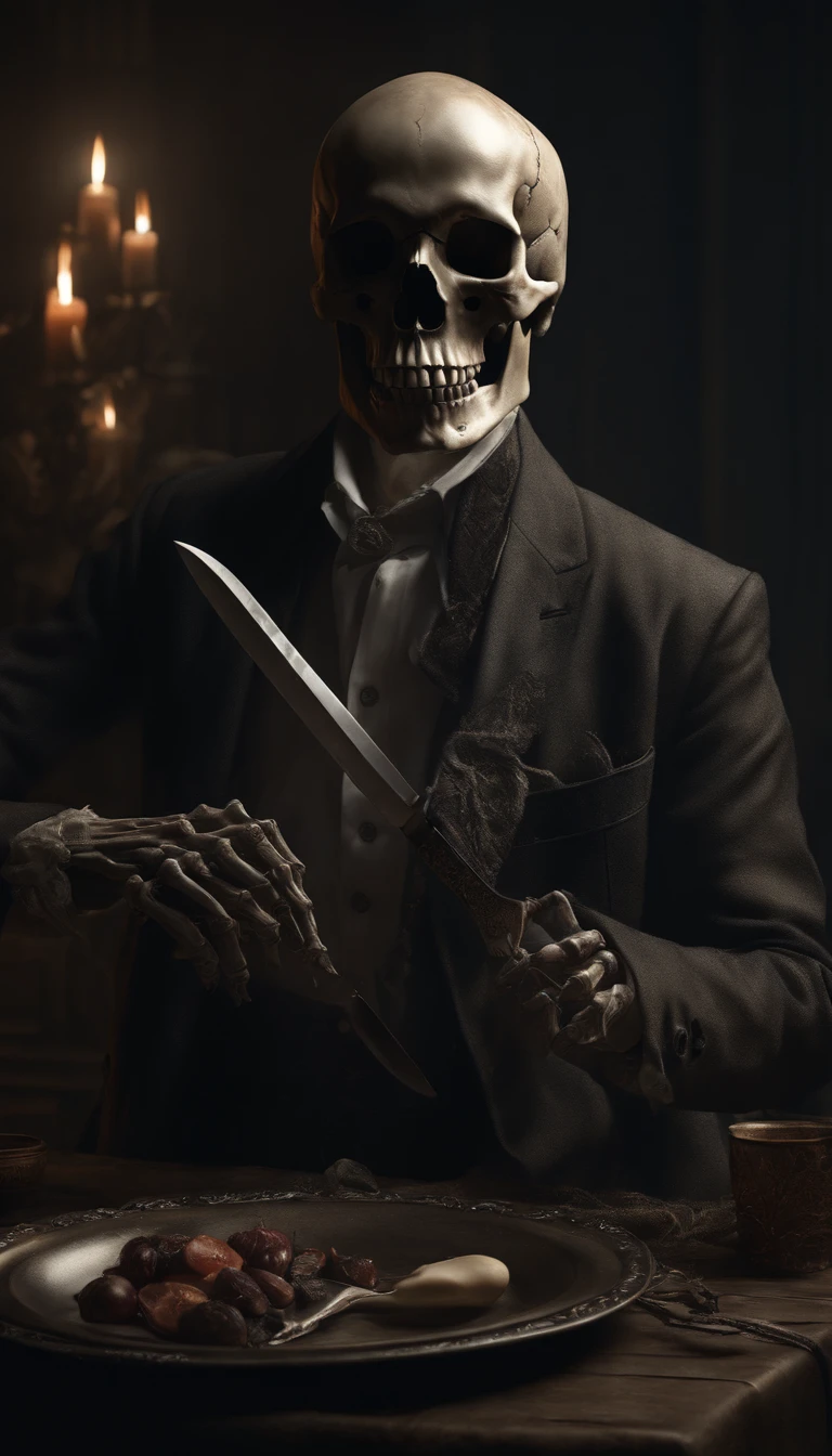 (best quality,4k,8k,highres,masterpiece:1.2),ultra-detailed,(realistic,photorealistic,photo-realistic:1.37),skeletal ragged clothes,holding a sharp knife ,standing, focusing on the skull, hyper-detailed full-body portrait, surreal artwork, horror genre, dark and moody color palette, dramatic lighting