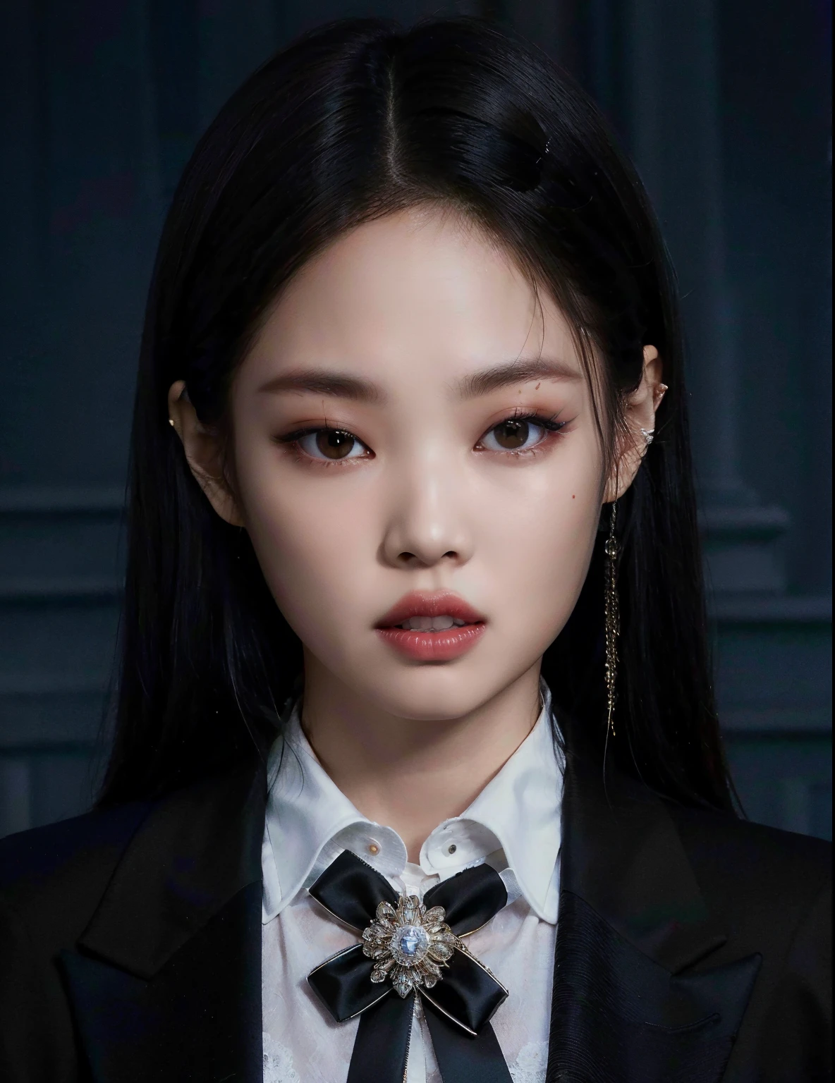 There's a woman wearing a black tie and a white shirt, jennie blackpink, Retrato de Jossi de Blackpink, jossi do blackpink, portrait of kpop idol, Portrait of female Korean idol, Jaeyeon Nam, Yanjun Chengt, Heonhwa Choe, Parque Roseanne do Blackpink, TaeJune Kim, Parque Ji-min, Seseon Yoon