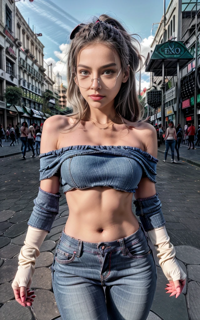 (8K, Masterpiece, RAW photo, Best quality, detail:1.3), (ultra realistic:1.4, scenary, 8K), Depth of field, Cinematic light, (ultra realistic face), (1 ultra skinny girl:1.7), (Beautiful and elegant girl), (tight skinny jeans:1.4), (girl with glasses), (latina face:1.4), (natural abs), (full body:1.5), (off-shoulder tight minitop:1.4), (small necklace, collarbone:1.1), (ultra detailed skin:1.3), (tight small gloves:1.2), (stockings), (complete standing pose:1.2), (Mexico city:1.6)