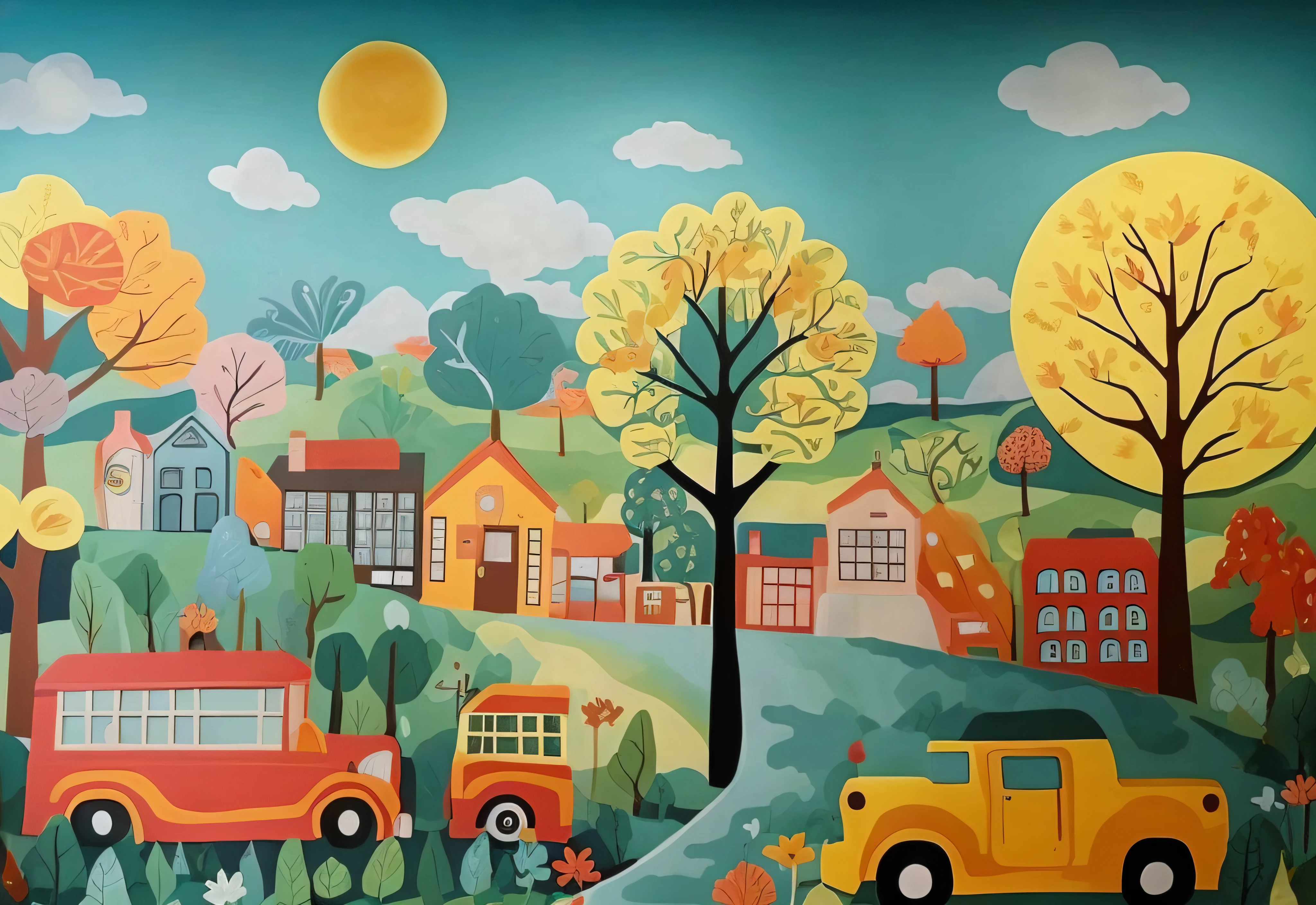 School bus and drawing of school bus in rural environment, public works mural, author:Dora Crusader, author:Zusa Matai, simple art, sunlight and whimsical houses, Inspired by Edward Hicks, rural urban scene, author:Juliana Swainsdottir, Ingrida Kadaka
