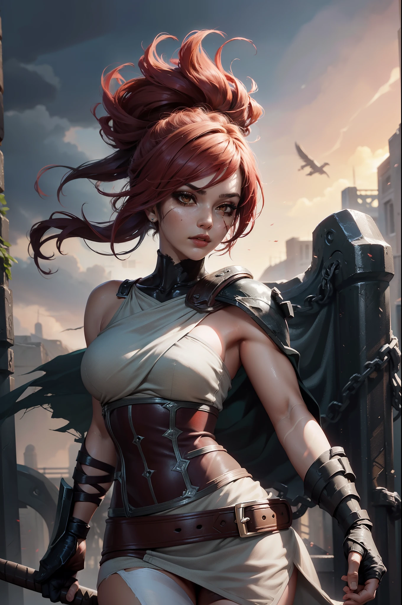 (Masterpiece:1.2), best quality, riven \(league of legends\), 1girl, folded ponytail, short dress, coreset, single pauldron, red hair, black eyeshadow, bare shoulders, upper body, potrait，Tight-fitting dresses，black lace veil