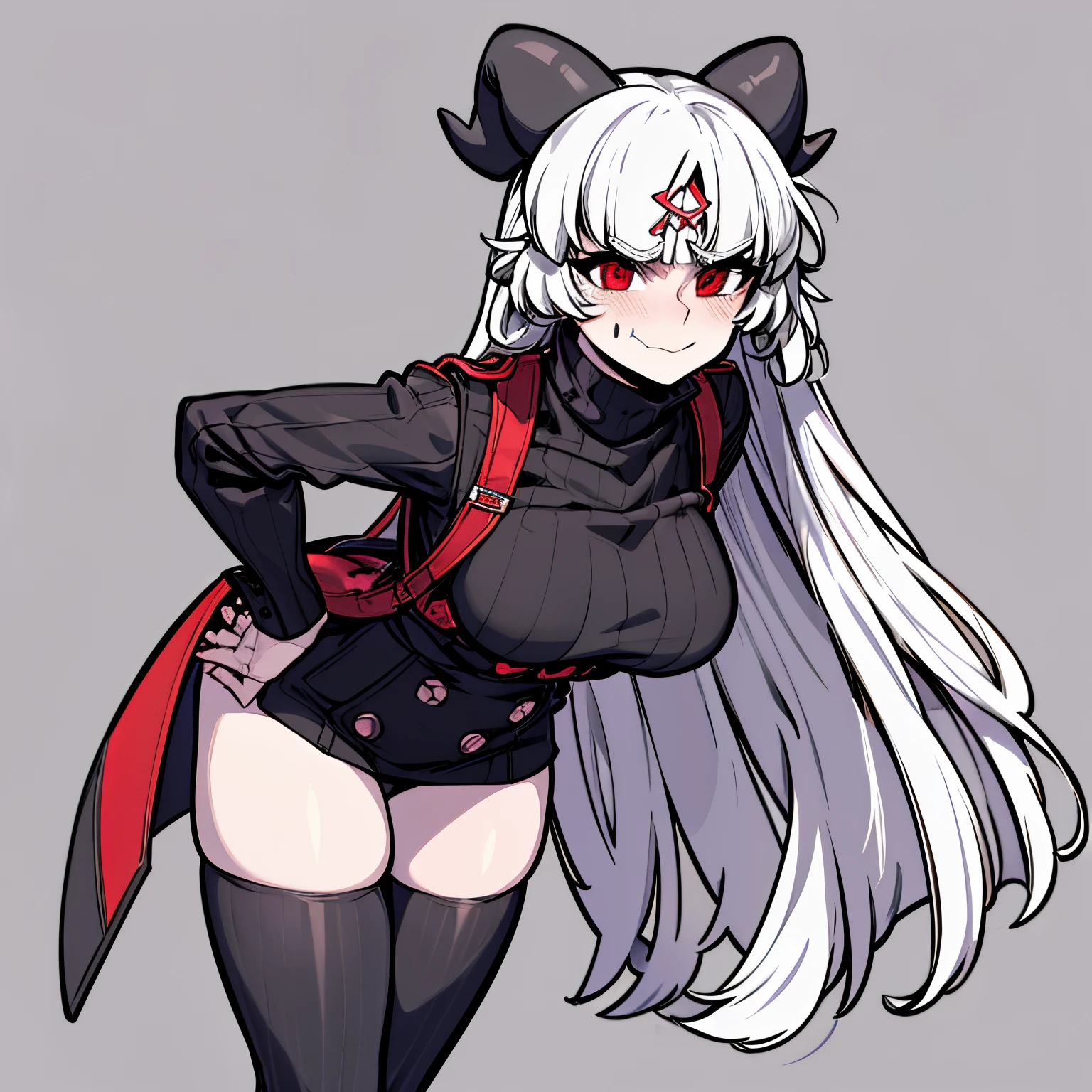 modeus(helltaker), black horns, large breasts, simple background, red eyes, long sleeves, closed mouth, symbol-shaped pupils, clothes tug, white background, black thighhighs, solo, sweater, long hair, white hair, medium hair, demon tail, sleeves past wrists, ribbed sweater, thighhighs, blush, turtleneck, 1girl, turtleneck sweater, heart, demon horns, tail, leaning forward, black tail, horns, heart-shaped pupils, red sweater, looking at viewer, hair between eyes, cowboy shot, demon girl