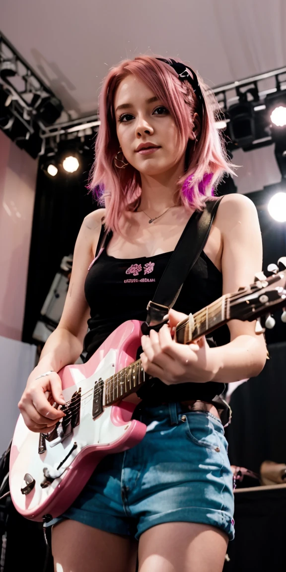 Pink hair girl 24 yo playing Guitar on stage