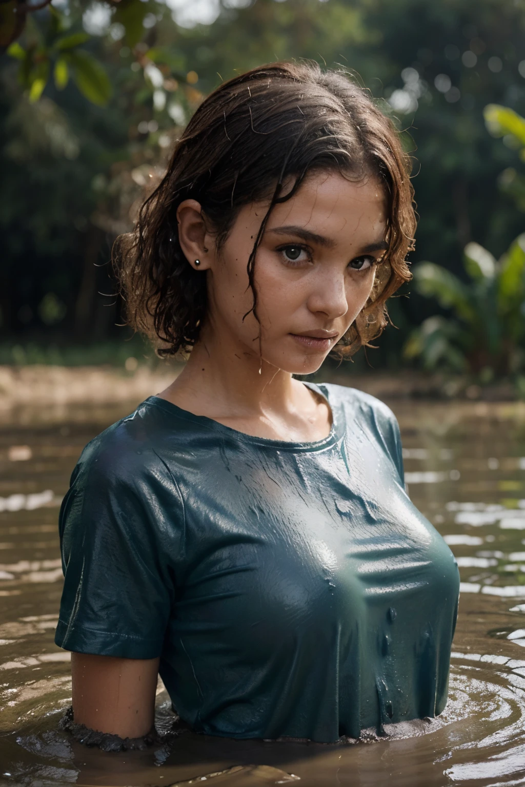 superbe fille africaine, curly hair, yeux bleus, hyper realistic, Wet shirt, in the mud, plantureuse poitrine, ornement au cou, boucle d'oreilles, percing au nez, en short, science fiction