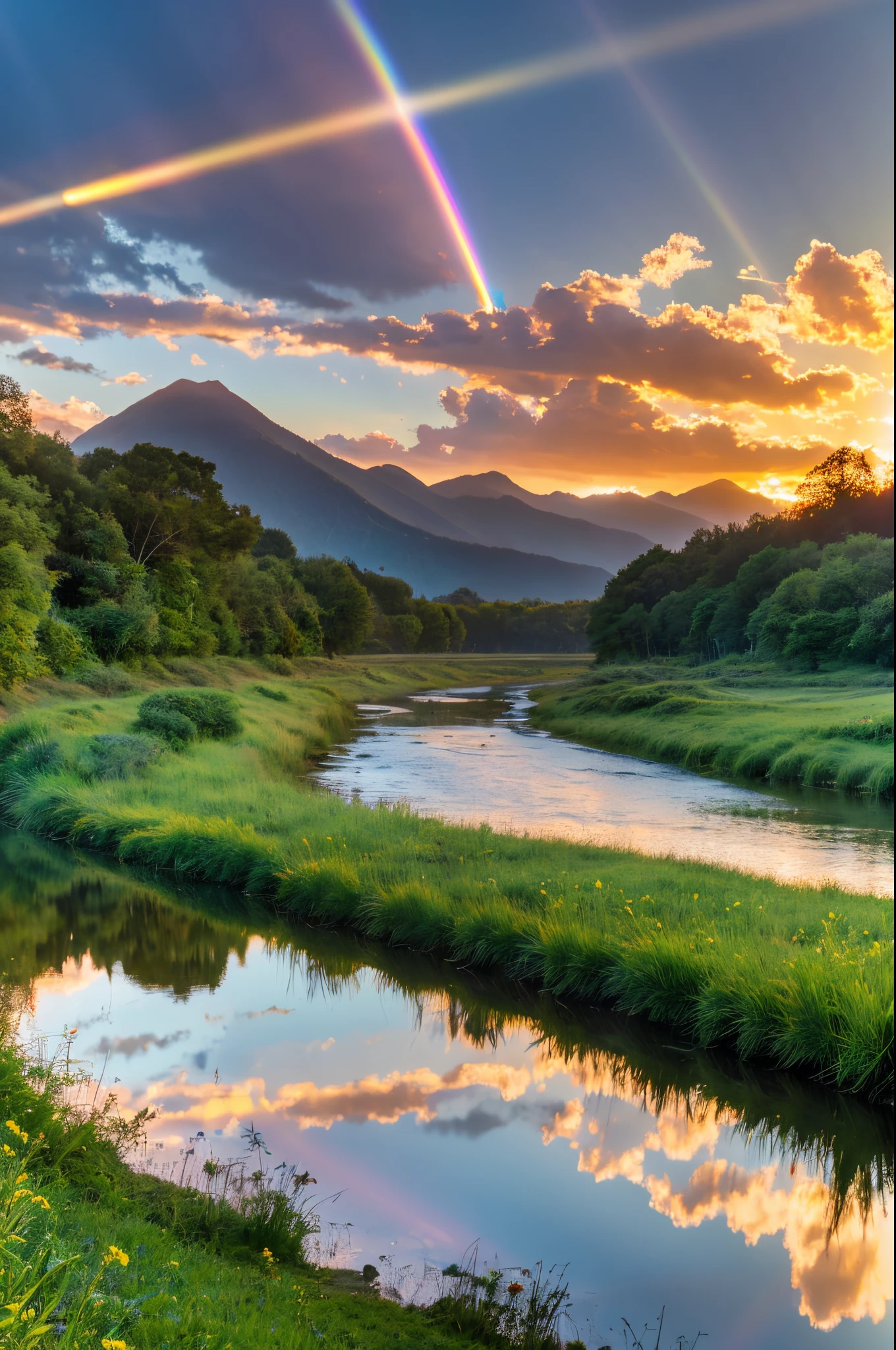 a view of a river flowing through a lush green valley, beautifully lit landscape, sunset in a valley, Gorgeous lighting of the river, stunning nature in background, sunrise light, Sunset light, Sunrise Lighting, incredible light, Beautiful sunrise lighting, stunning landscape, golden hour lighing, Golden light, by Mirko Rački, light reflections, magical sparkling lake, A majestic light towers over there　Spaceship type futuristic architecture　Rainbow-colored light reflecting off a huge silver rocket-shaped building