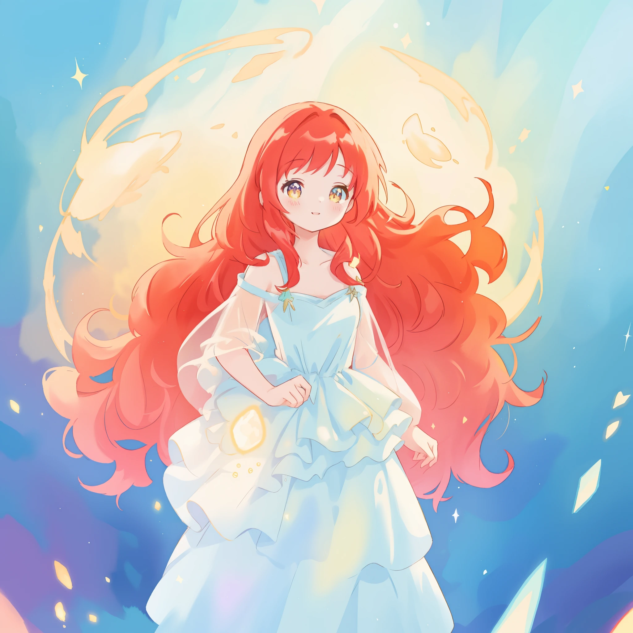 beautiful girl in puffy sparkling layered ballgown, ((multi-layered puffy ballgown)), long sparkling red hair, colorful fantasia background, watercolor illustration, glowing aura around her, glowing flowing hair, fantasia otherworldly landscape, beautiful, masterpiece, best quality, sharp focus, intricate details, highly detailed, 8k resolution, high resolution, fine detail, golden ratio, perfect composition, perfection, intricate dress details