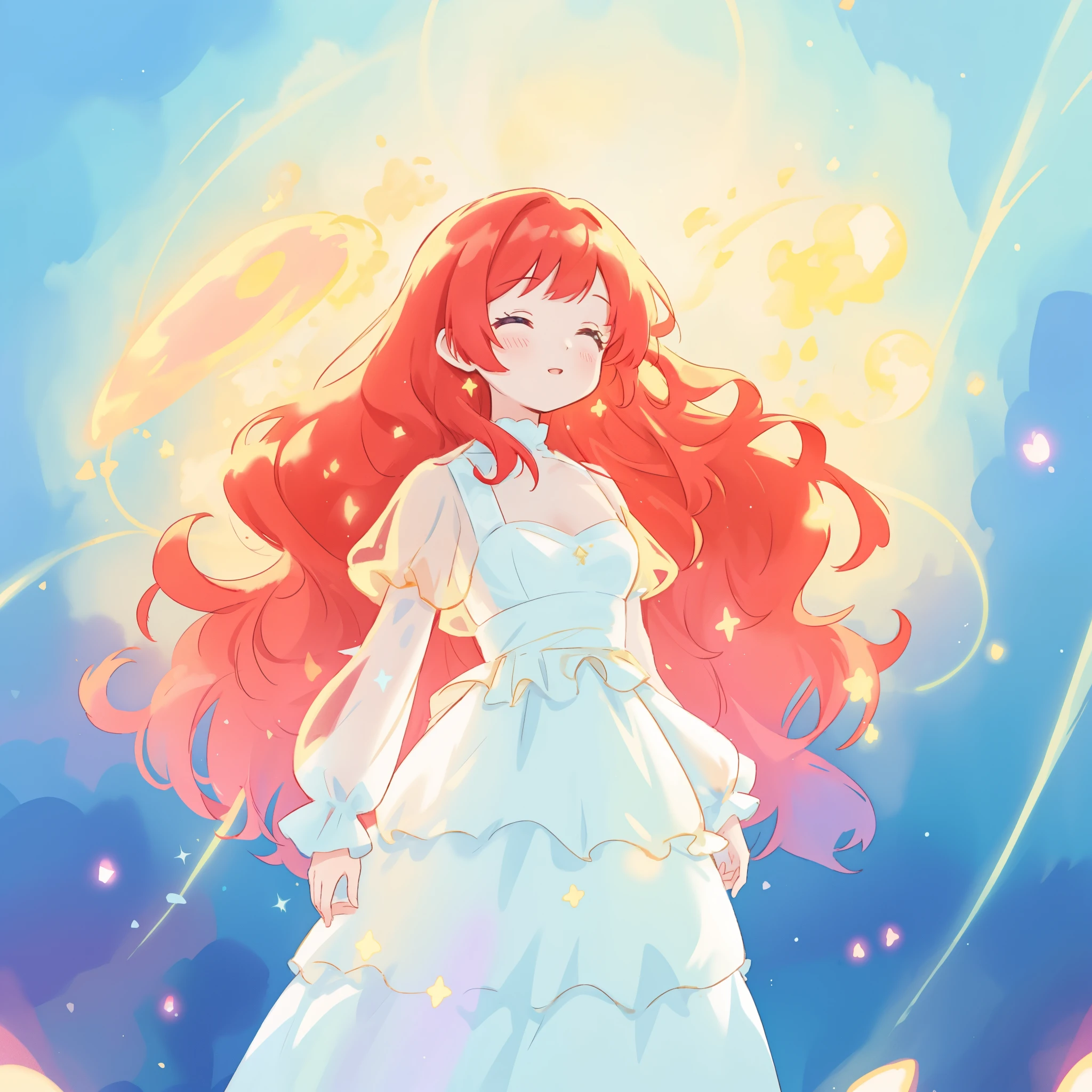 beautiful girl in puffy sparkling layered ballgown, ((multi-layered puffy ballgown)), long sparkling red hair, colorful fantasia background, watercolor illustration, glowing aura around her, glowing flowing hair, fantasia otherworldly landscape, beautiful, masterpiece, best quality, sharp focus, intricate details, highly detailed, 8k resolution, high resolution, fine detail, golden ratio, perfect composition, perfection, intricate dress details