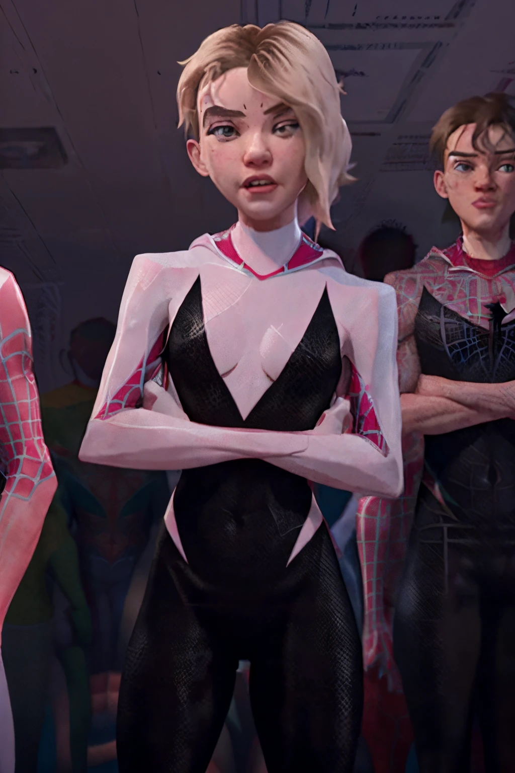 sgwen, spider-gwen, gwen stacy is gangraped group sex 1girl multiple boys explicit sexual scenes into the spiderverse rendering style, it looks like a scene from the movie, spider-verse movie animated style, perky nipples breasts breasts focus boobs