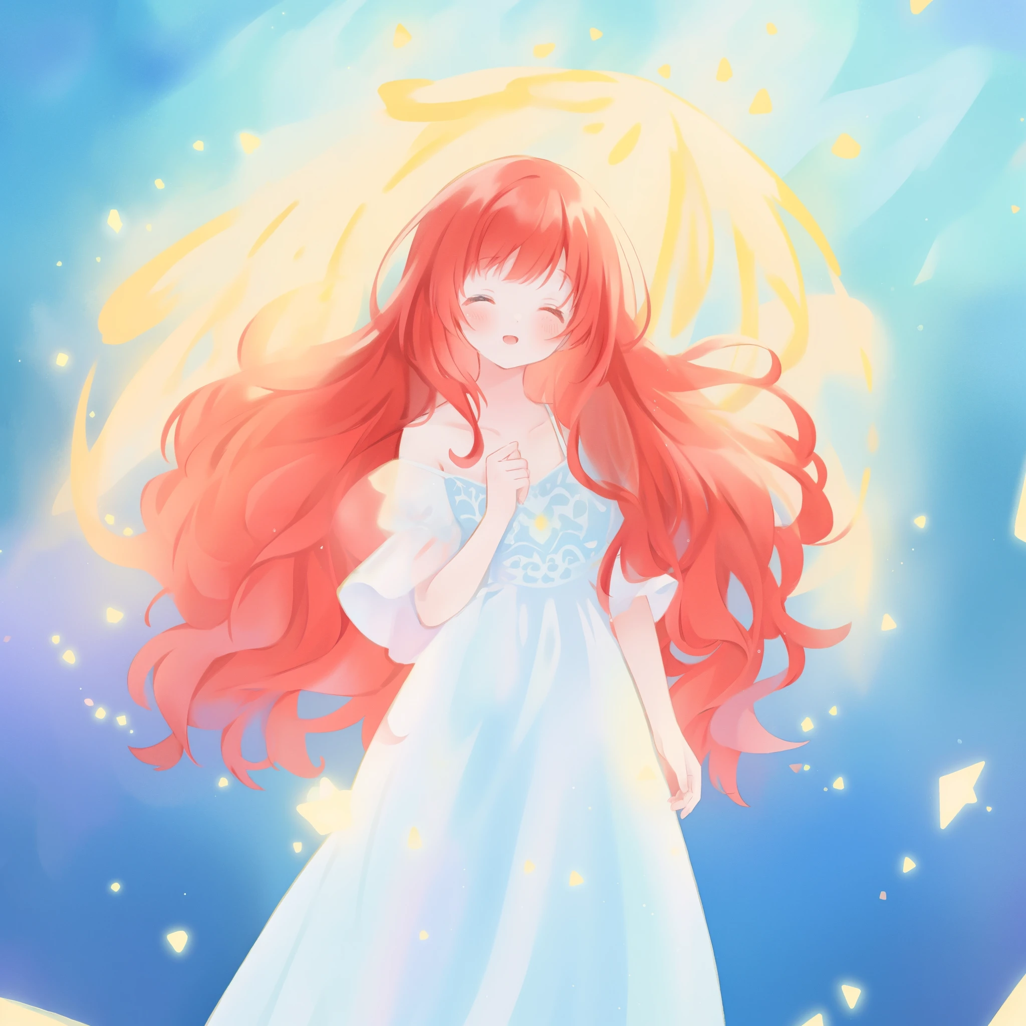 beautiful girl in puffy sparkling layered ballgown, long sparkling red hair, colorful fantasia background, watercolor illustration, glowing aura around her, glowing flowing hair, fantasia otherworldly landscape, beautiful, masterpiece, best quality, sharp focus, intricate details, highly detailed, 8k resolution, high resolution, fine detail, golden ratio, perfect composition, perfection, intricate dress details