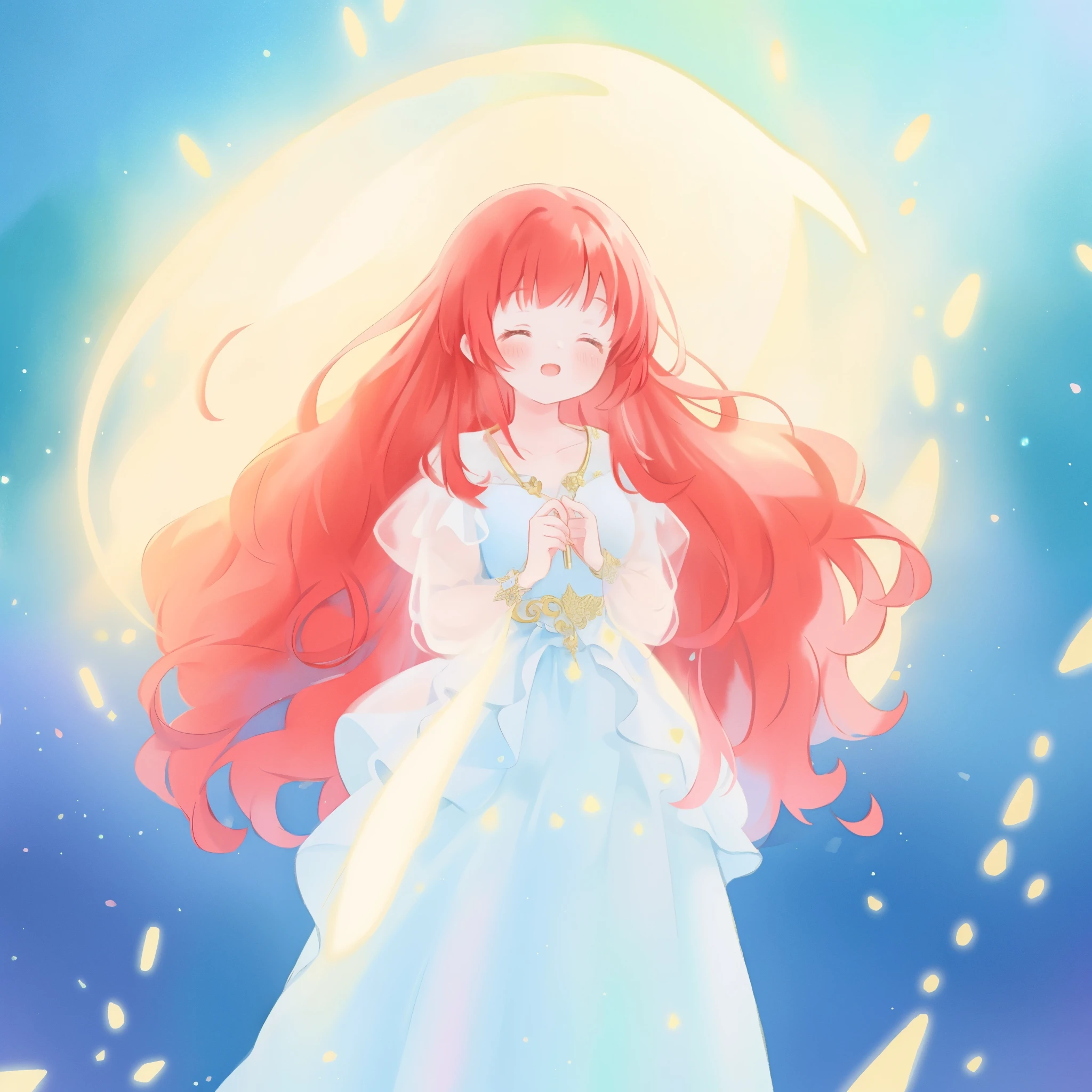 beautiful girl in puffy sparkling layered ballgown, long sparkling red hair, colorful fantasia background, watercolor illustration, glowing aura around her, glowing flowing hair, fantasia otherworldly landscape, beautiful, masterpiece, best quality, sharp focus, intricate details, highly detailed, 8k resolution, high resolution, fine detail, golden ratio, perfect composition, perfection, intricate dress details