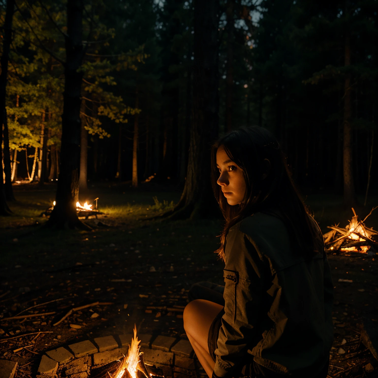 Dark in the forest with a girl around a campfire being illuminated by it. a girl stalking her behind a tree