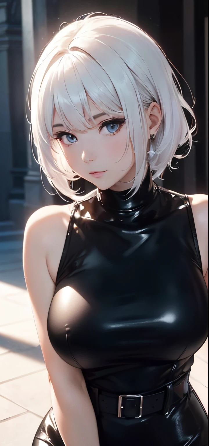 ((4K resolution, 8K resolution, UHD)),((high resolution, high quality, perfect light, perfect shadows, super detail)), sleeveless turtleneck black dress, (latex), big tits, white hair, haircut