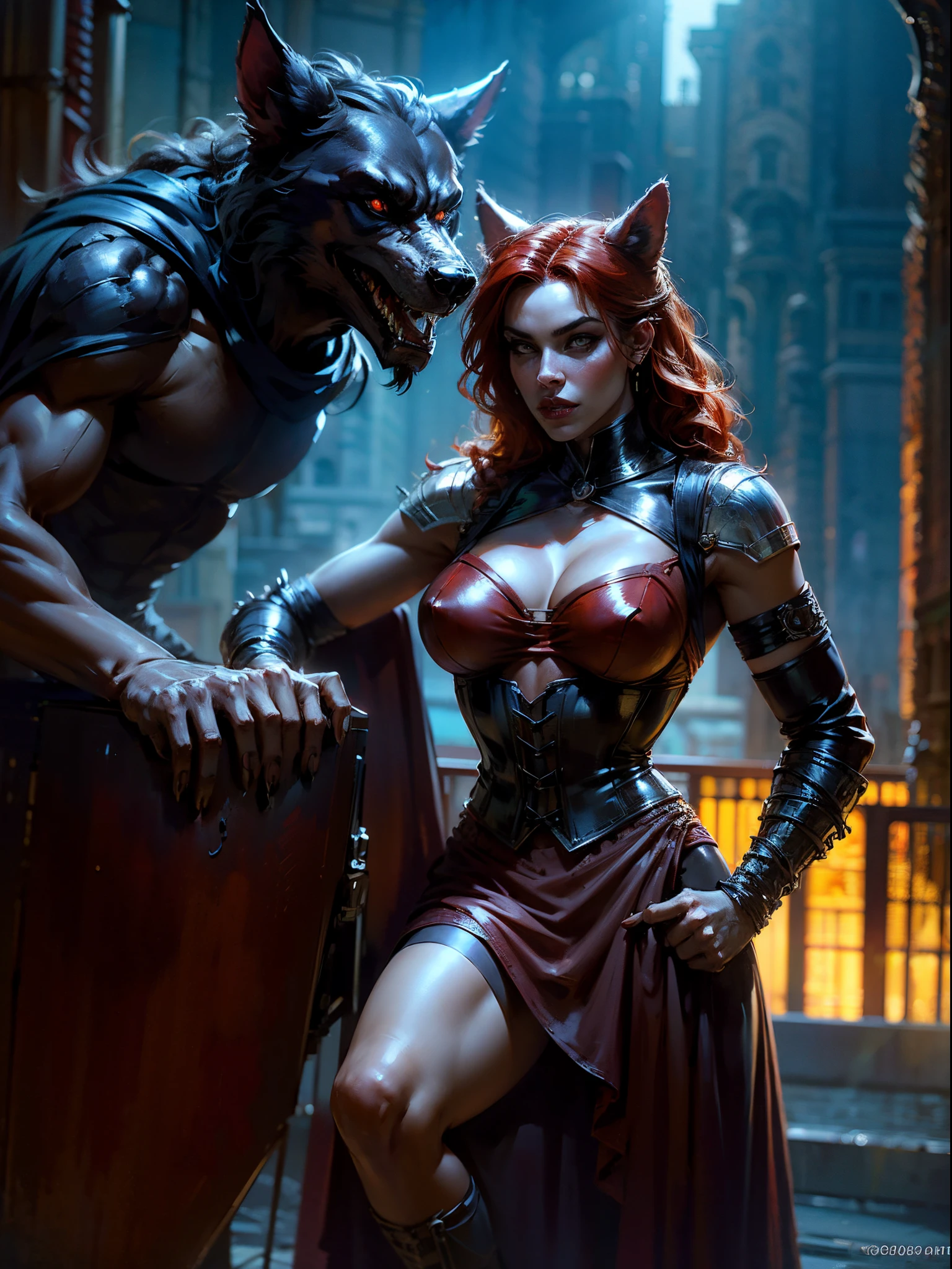 2 people a and b，a is the girl in red，b is a werewolf（Humanoid wolf，Wolf-headed man），((2 people riding on Harley motorcycle))，，absurderes，（the girl wears：redhood, capes, Big breasts corset, a skirt, red long skirt，laced dress，Carrying a basket of fruit），（werewolf wear：Popular costumes in Harajuku style,），(((Werewolf strong)))，(((girl sexy)))，(((Driving at high speeds)))，(((dynamic compositions))),simple backgound：freeway，((Sexual suggestiveness))，Correct anatomy，Detailed face, Detailed eyes，(((the right proportions)))，(post impressionist),(Fechin Oil Painting - Fechin Oil Painting , oil painted), 01