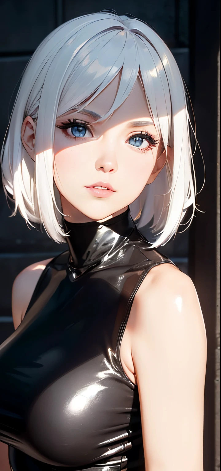 ((4K resolution, 8K resolution, UHD)),((high resolution, high quality, perfect light, perfect shadows, super detail)), sleeveless turtleneck black dress, (latex), big tits, white hair, haircut