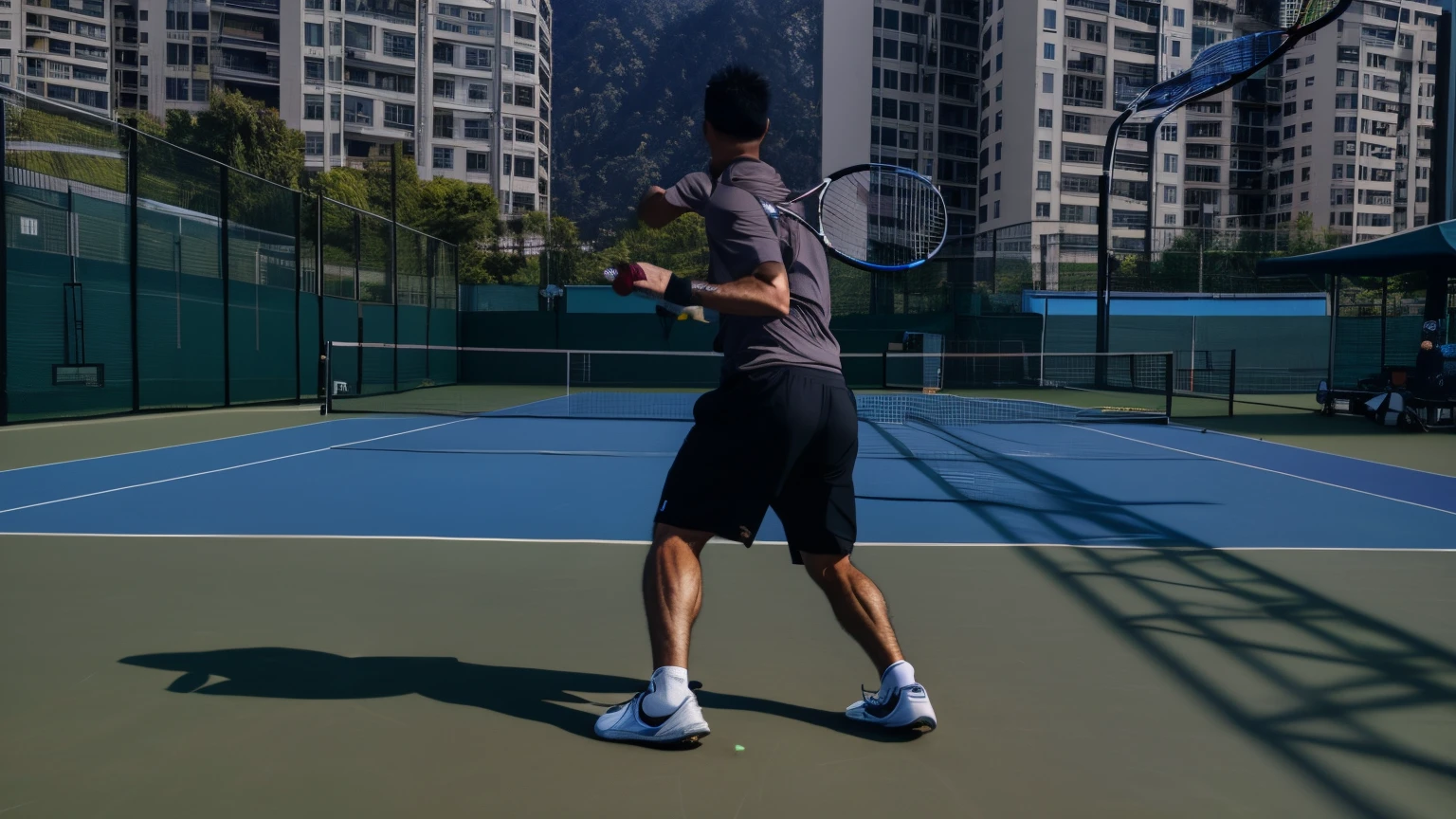 There is a man playing tennis on the court, playing tennis, aesthetic shoot, advanced technologies, zezhou chen, dynamic action shot, real footage, Wide angle dynamic action shot, tennis wear, dynamic low angle shooting, chengwei pan, low quality footage, medium distance shot, a girl playing tennis, Inspired by Andreescu, mid-action swing