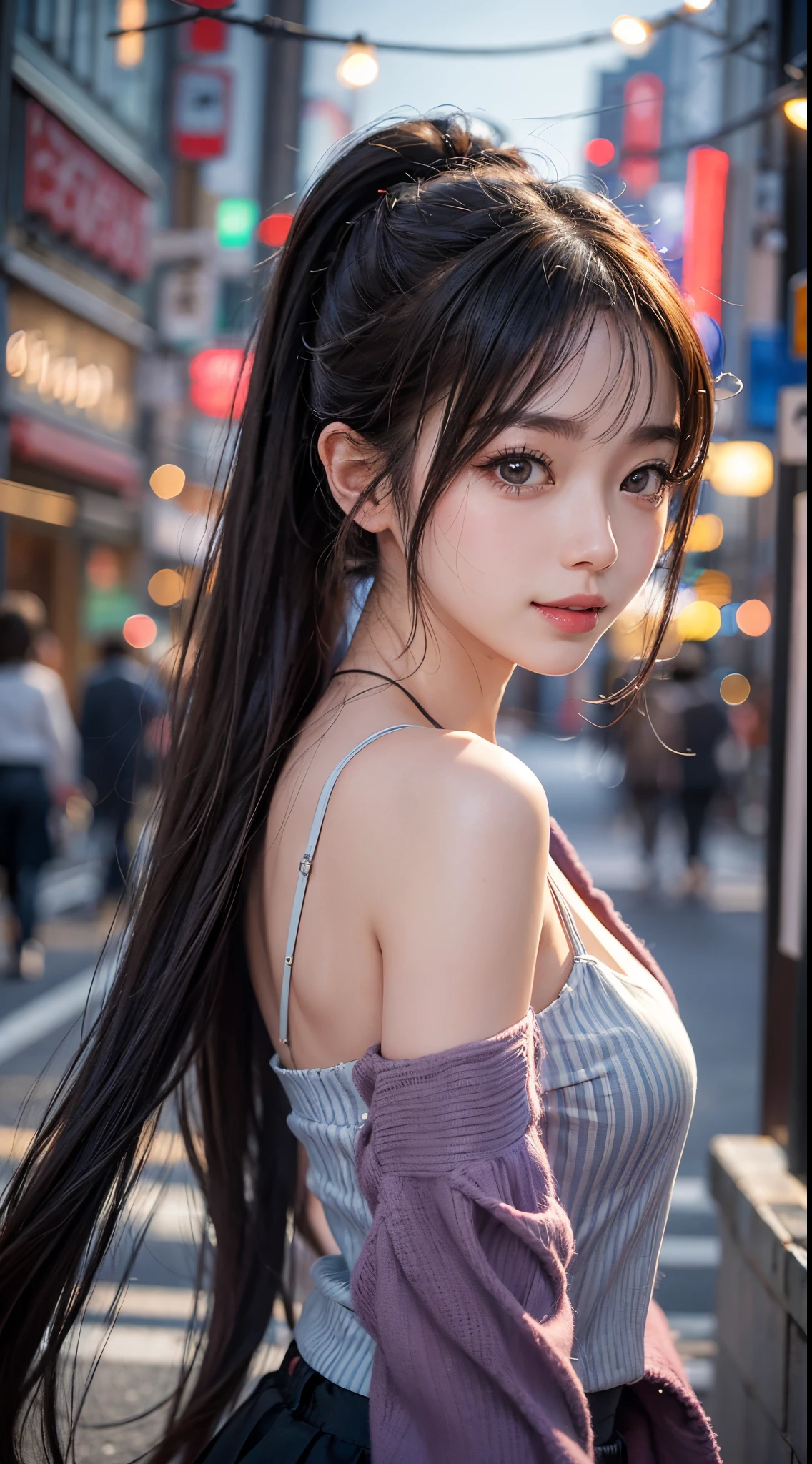 1girl in、Streets of Tokyo、natta、A city scape、city light、The upper part of the body、a closeup、8K、Raw photography、top-quality、​masterpiece、realisitic、Photorealsitic、poneyTail,sexy lip,disheveled hair,Lovely smile,