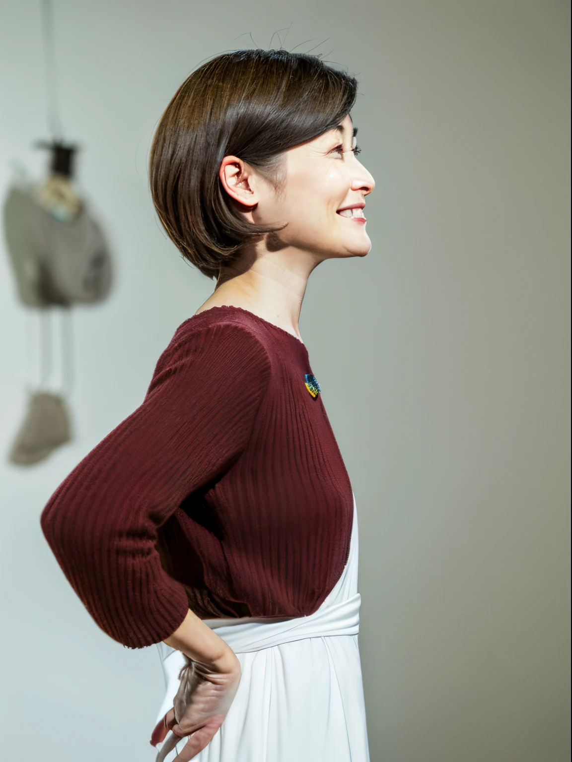 8K、(RAW Photography)、(top-quality)、(Photorealsitic:1.4)Realistic to the touch Realistic、(4K high image quality:1.2)、(High resolution, masutepiece, of the highest quality, high detailing, Official: 1.4), (Realistic: 1.2, hyper realisitic: 1.1, Photorealistic: 1.37), depth of fields, (Detailed description of hair), (Detailed description of face), Incomparable beauty,, (35 years old,: 1.4)、Autumn clothes、Autumn clothes、A slight smil、(white wall room with window)、natural soft light、short-hair、short shorthair、reallistic、high-level image quality、hiquality、profile、Poses variadas、various hairstyles、profile、bob、short-cut