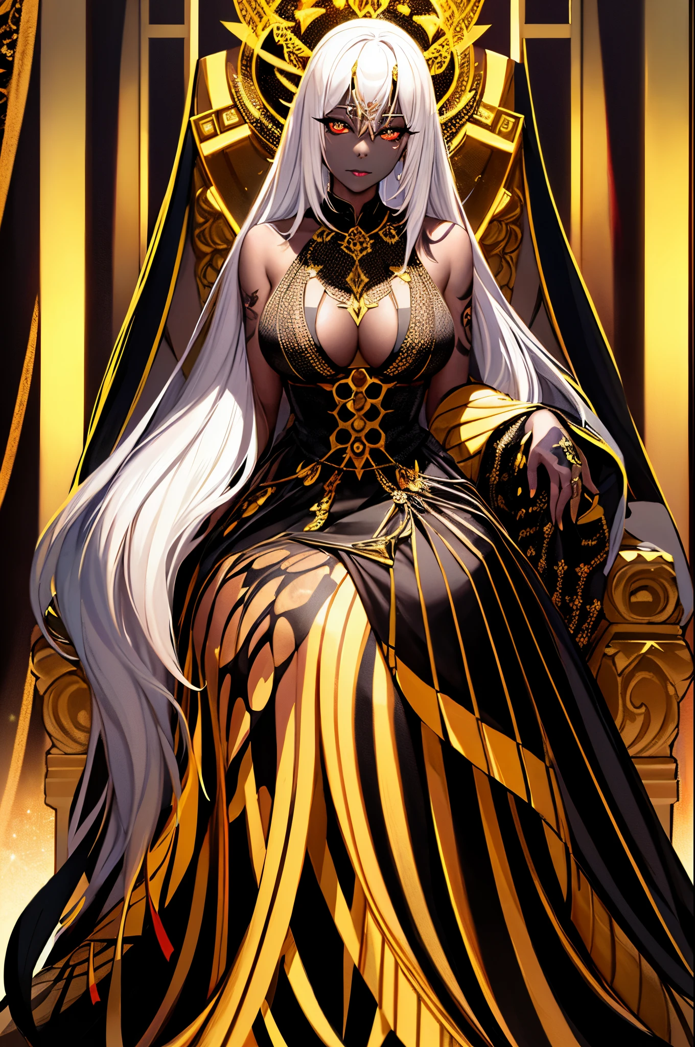digital illustration, full body, looking at the viewer, ((woman)) young black woman, long white hair and(((straight))), large black eyes, black lipstick, tattoo on her arm, sitting on a golden throne, position of queen, queen of bees, with a black dress and golden details and a golden crown, background bees, honeycomb, honey cetrum, magic,