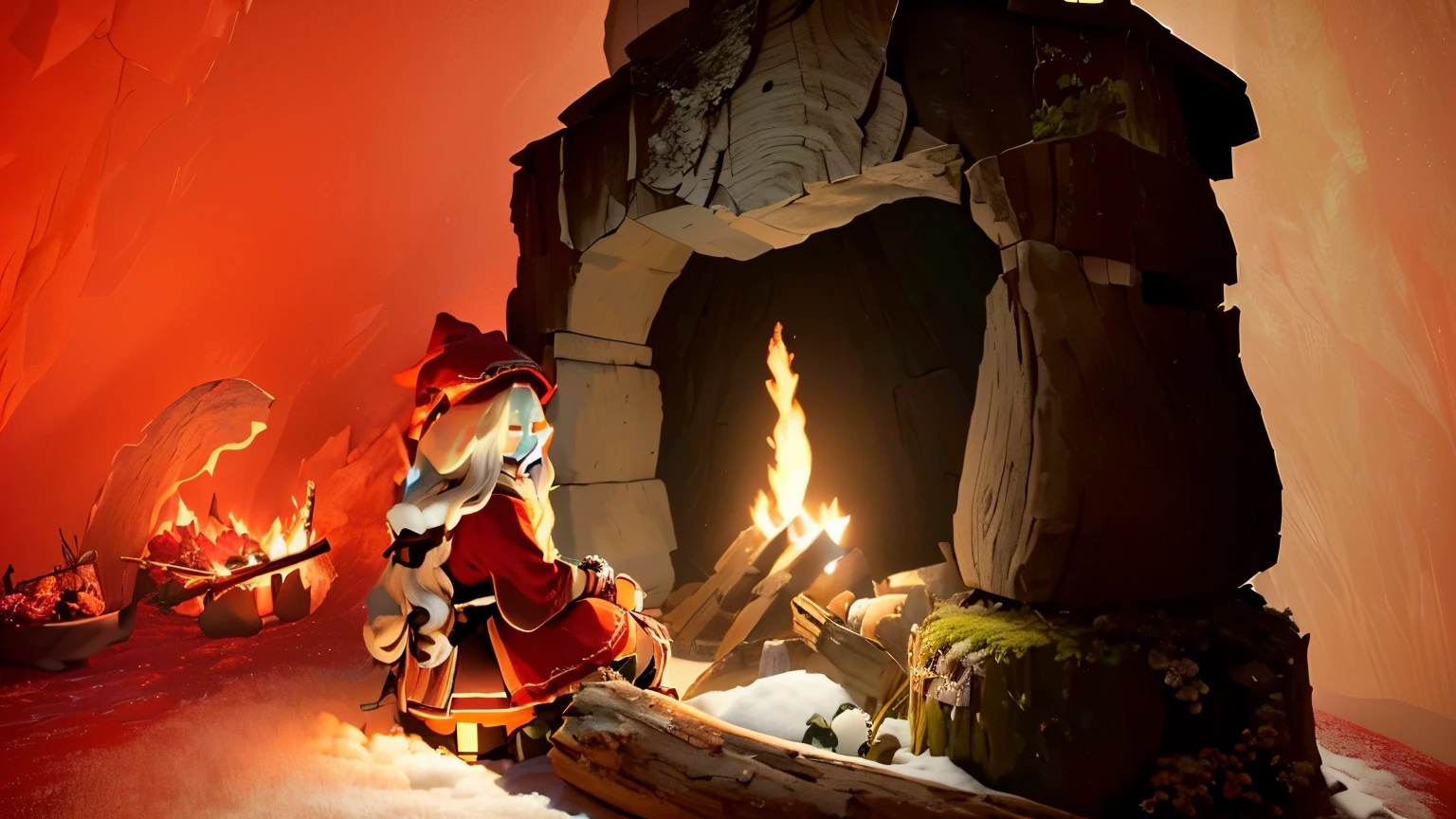 masterpiece, best quality, (extremely detailed CG unity 8k wallpaper), (best quality), (best illustration), (best shadow), A round turnip hut covered with moss, isometric 3D, octane render,ray tracing,ultra detailed, some girl sitting warm by the campfire, campfire, cute girl long white hair, red shirt, red hat, snow cave,girl sitting on wooden log