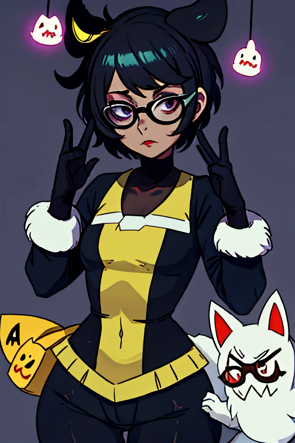 A thick with short fluffy hair girl wearing a mimikyu costume with glasses and a black face mask