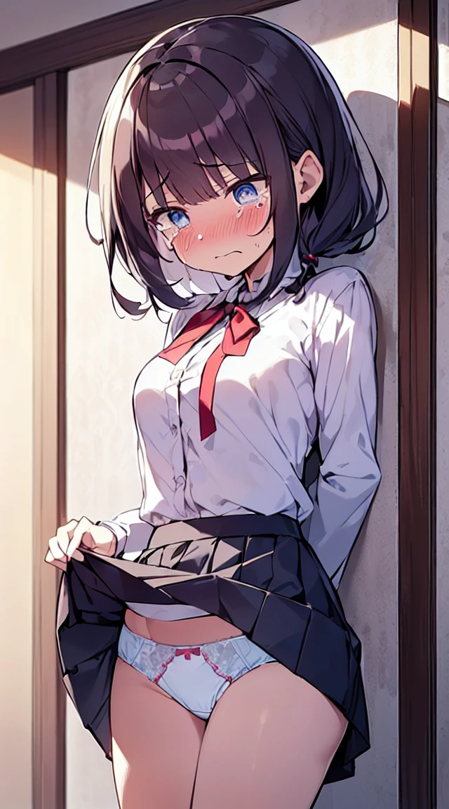 masutepiece, Best Quality,Illustration, Wallpaper, ultra -detail, Lori、(((molesting)))、Detailed eyes, Complex hairstyle、Sareme、((fear:1.5))、(Teary-eyed:1.5)、(((Cute underwear)))、(blouse、skirt by the)、ample breasts、((Morester))、((Girl being taken off her skirt by a man))