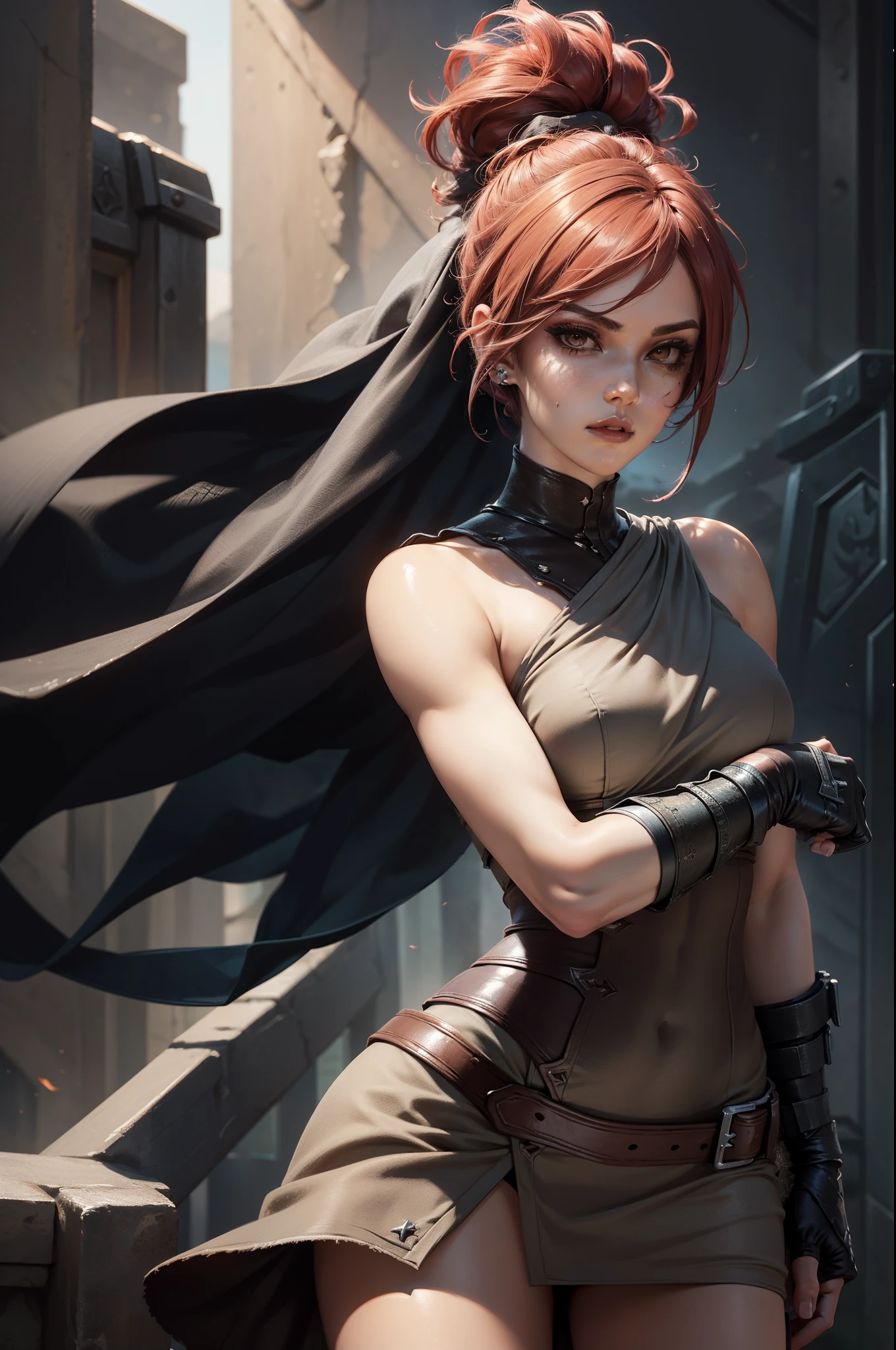 (Masterpiece:1.2), best quality, riven \(league of legends\), 1girl, folded ponytail, short dress, coreset, single pauldron, red hair, black eyeshadow, bare shoulders, upper body, potrait，Tight-fitting dresses，black lace veil