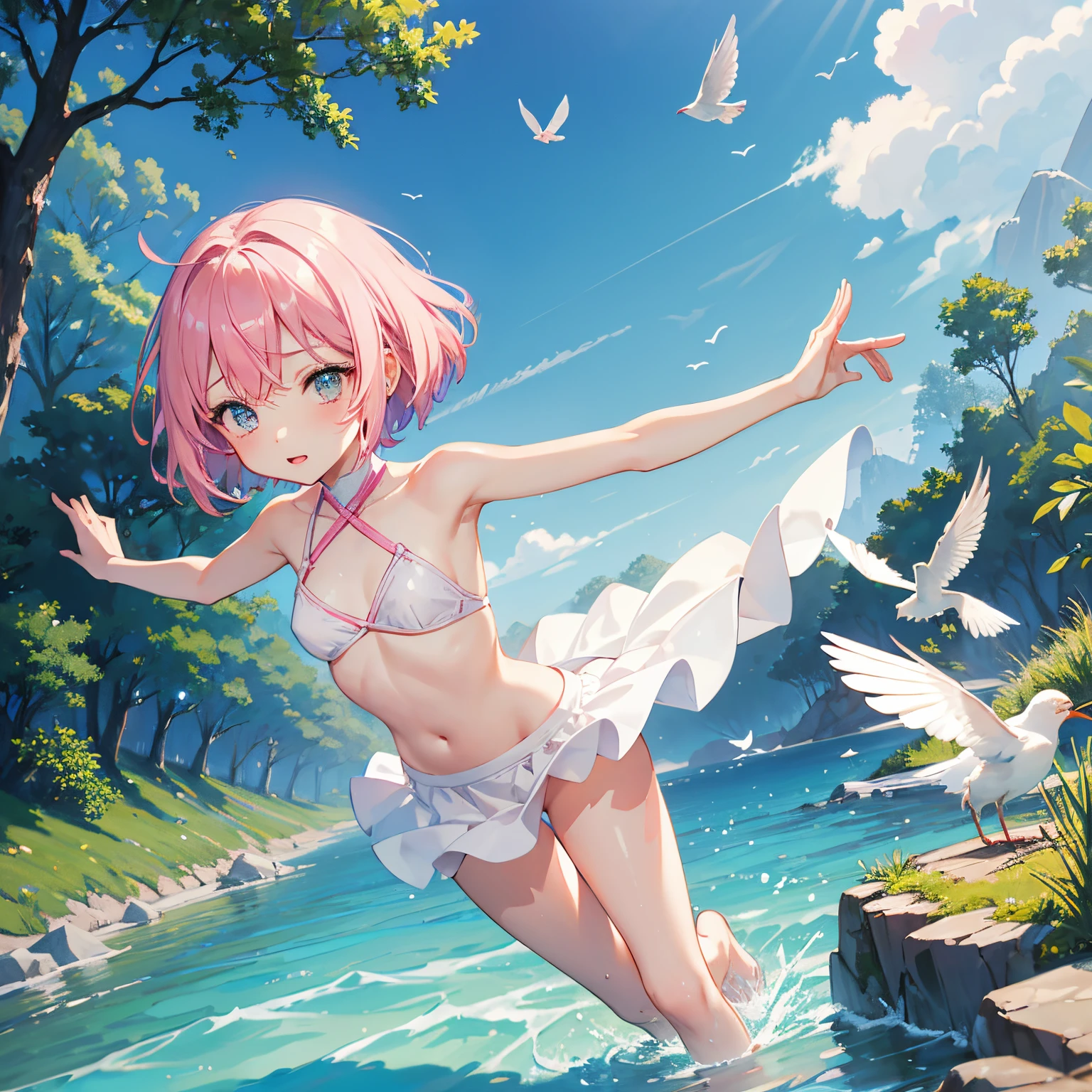 high quolyty, pink bob hair  girl, soft beauty bigboobs::1.6, open arms and be grateful, love::1.3, orgazm body, splash water of lake in the forest.many small birds fly in the sky, beauty world.