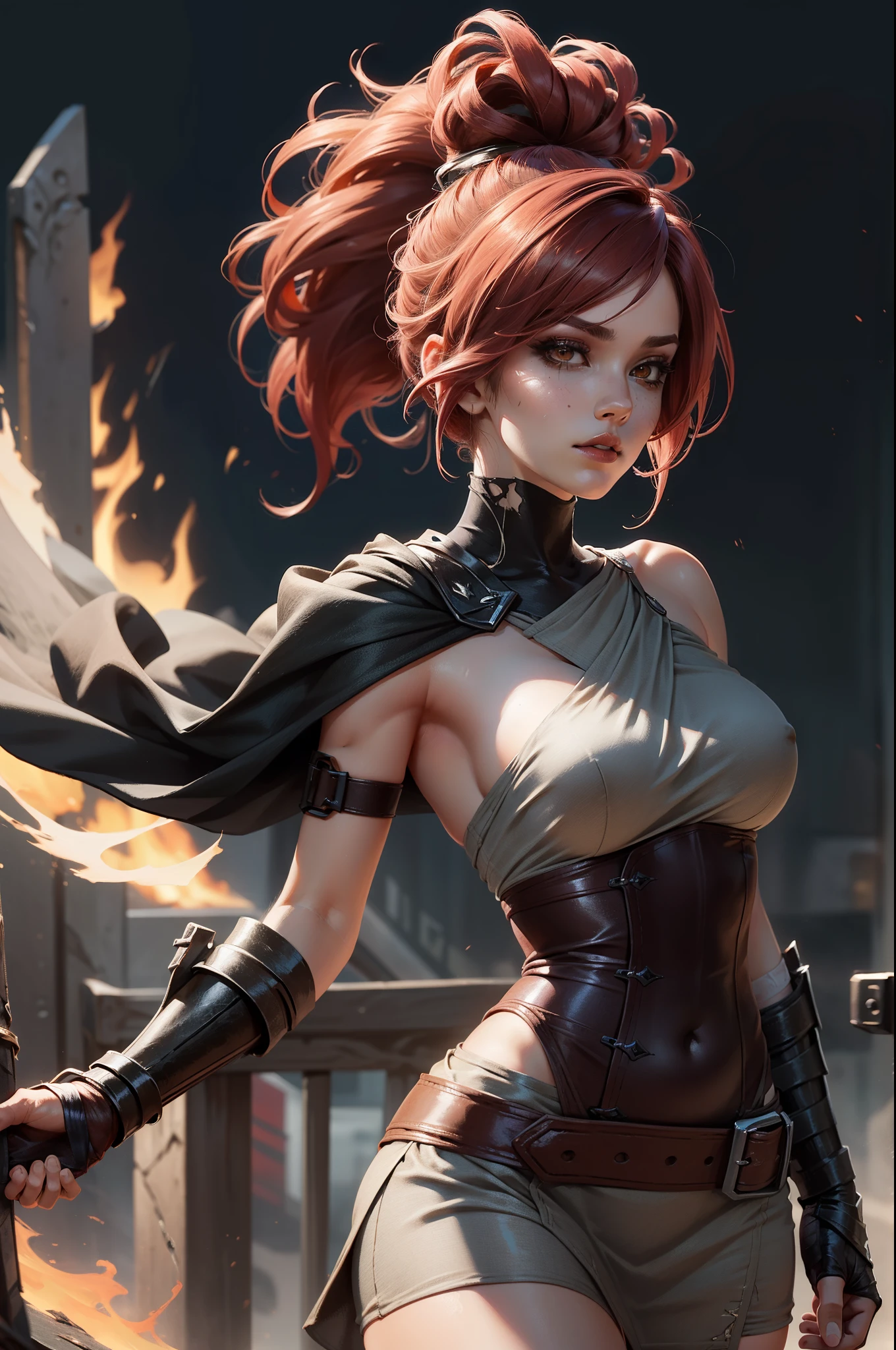 (Masterpiece:1.2), best quality, riven \(league of legends\), 1girl, folded ponytail, short dress, coreset, single pauldron, red hair, black eyeshadow, bare shoulders, upper body, potrait，Tight-fitting dresses，black lace veil