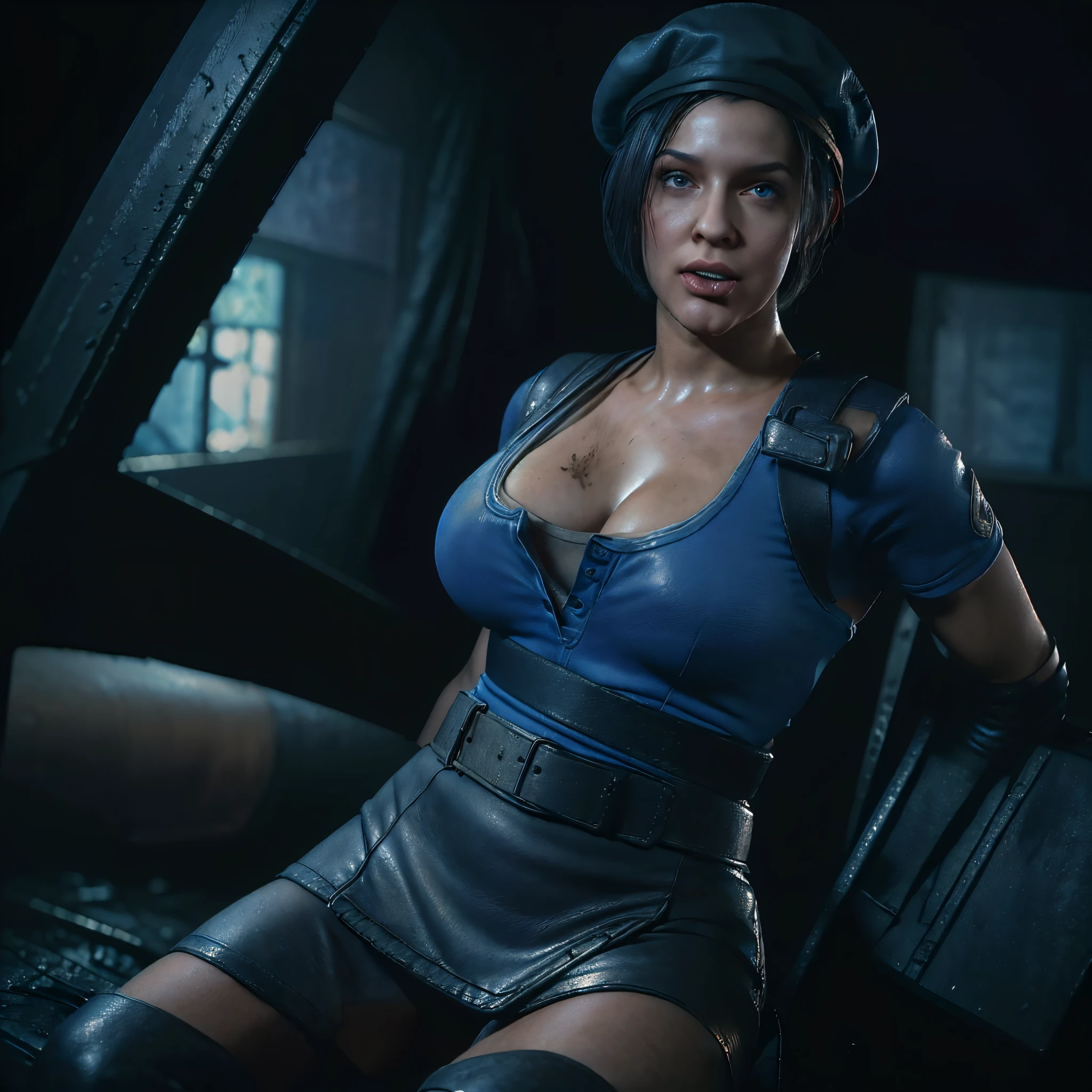 (masterpiece:1.2, Best Quality:1.2, 32K HDR:1.1, High resolution:1.1), ((jillvalentine, zota valentine, 1girl in, Black hair, Short hair, beret:1.15, Mini skirt, Leather skirt, Gun belt, Black boots, long boots,)), (ultra gigantic tits:1.35, SuperHuge boobs:1.35, Exposed shaved armpits:1.15), (Detailed face, Detailed skin texture), ((In a real abandoned house:1.1, Tongue out:1.5, long tongue:1.5, Dark atmosphere)),