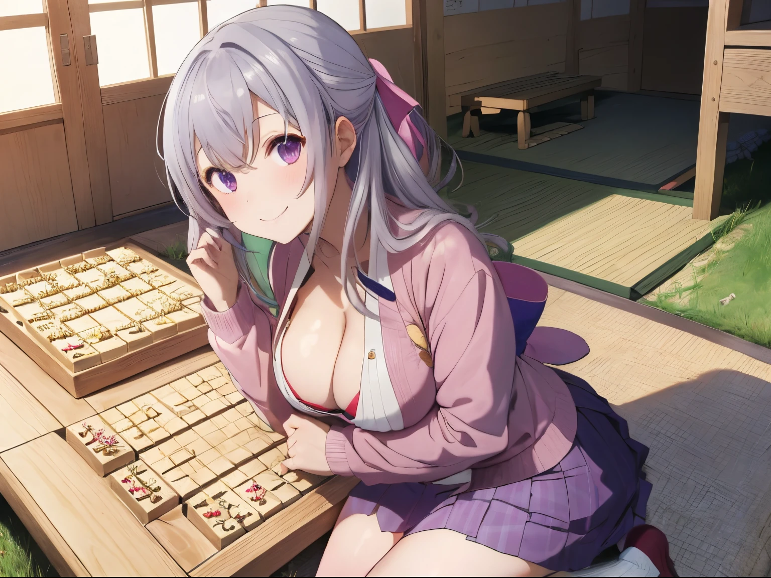 Shogi board and girl, Inside the house overlooking the garden of autumn leaves,fluffy hair,bluish-silver hair,Winter clothes with a wide open chest,I can see the cleavage,baggy long sleeves,skirt with slides,Green grass,shuicolor,pink there,amarelo,Light purple,blanche,Irridescent color,Loose socks,holding shogi pieces in hand,giant shogi piece figurine,sitting in front of a shogi board,Turned.,Kamimei,Slight red tide,Sitting upright,Smile on his face