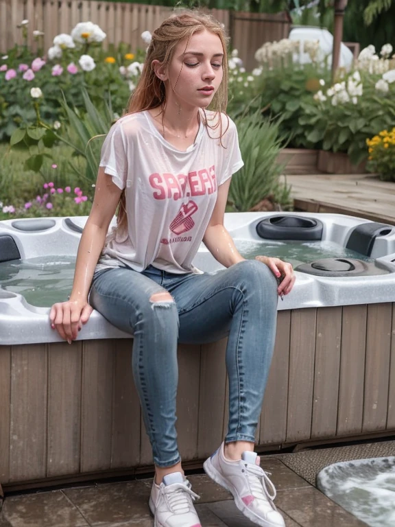 woman next door, strawberry blonde hair, freckles, (plain light gray t-shirt)), faded jeans, black sneakers, bathing in outdoor hot tub, soaking wet, wet hair, show sneakers