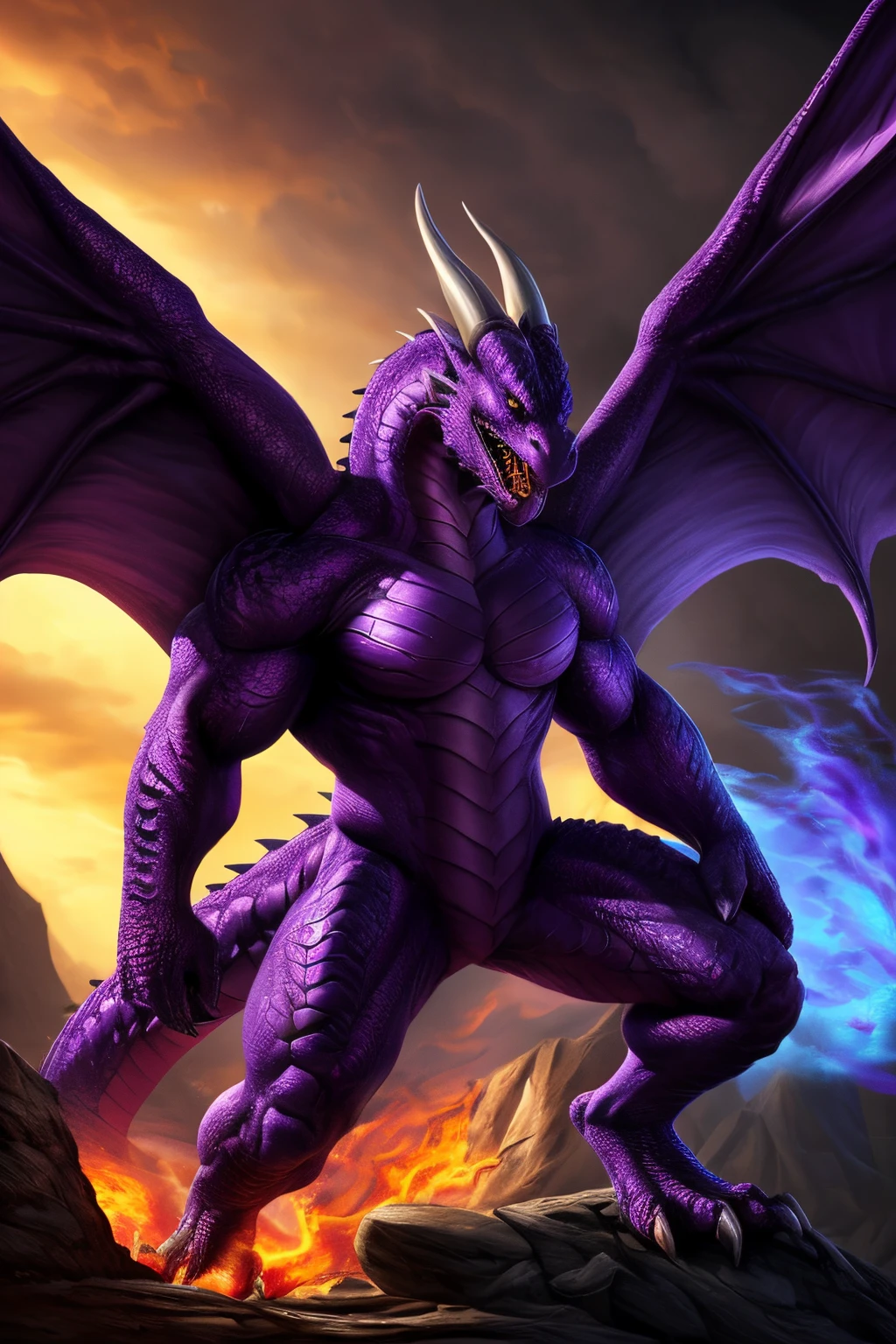 muscular epic male purple dragon,furry(purple, musclegrowth,detailed,furry body:detailed,purple scales), intense lighting, photorealistic, dragon wings: detailed,fire breath, sharp fangs, powerful presence, intimidating, fantasy art, vibrant colors